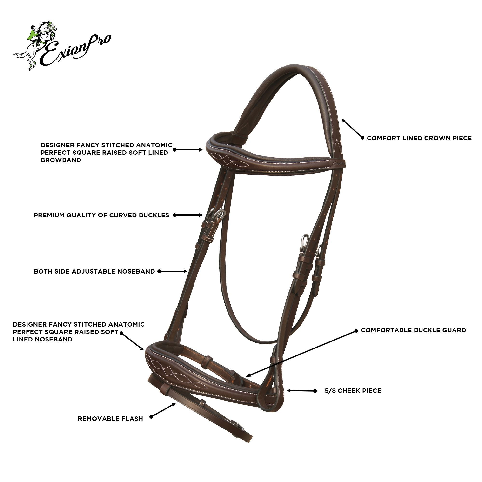 Image of ExionPro Fancy Stitched Raised Anatomical Bridle with Rubber Reins