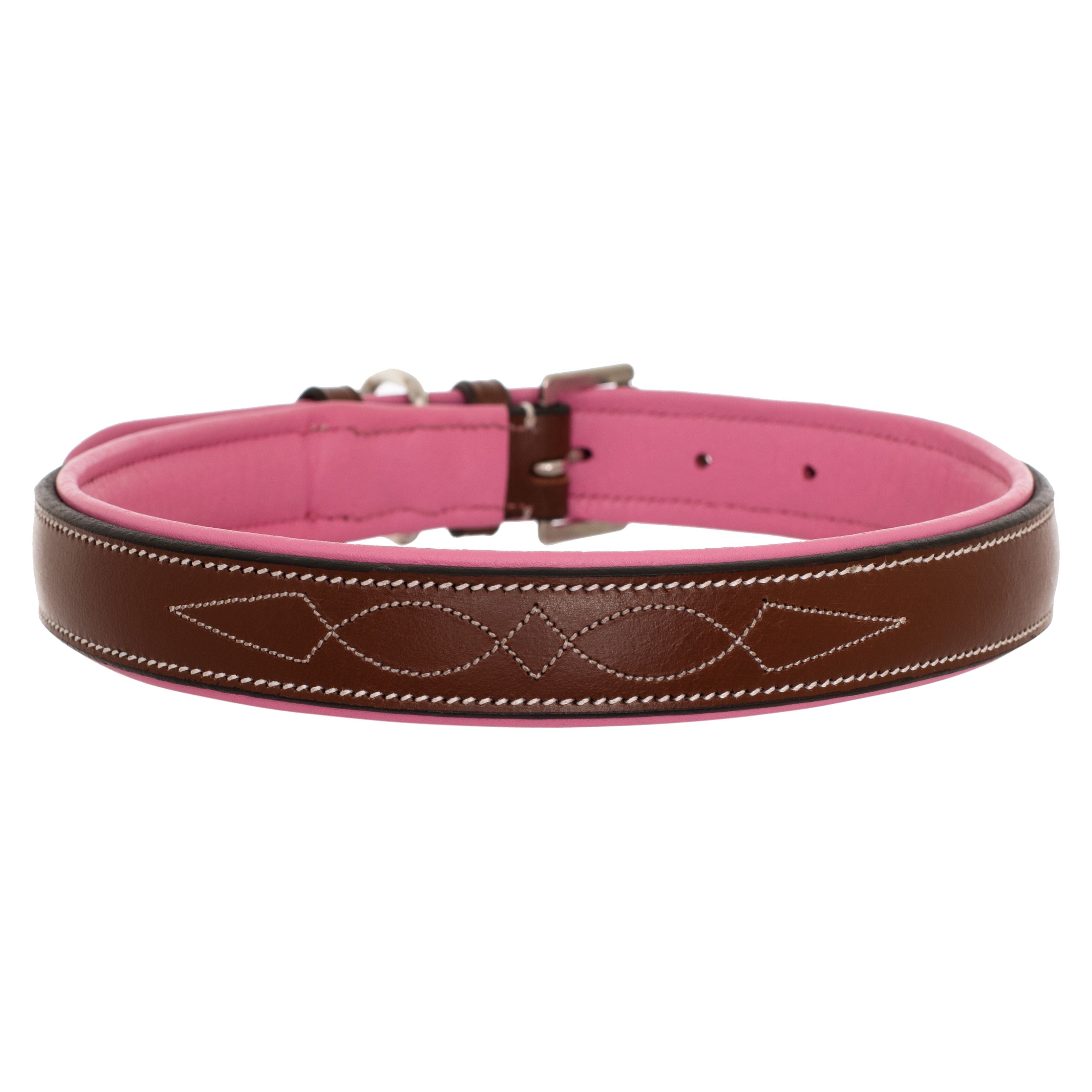 Image of ExionPro Fancy Stitched Padded Leather Dog Collar - Pink Padding