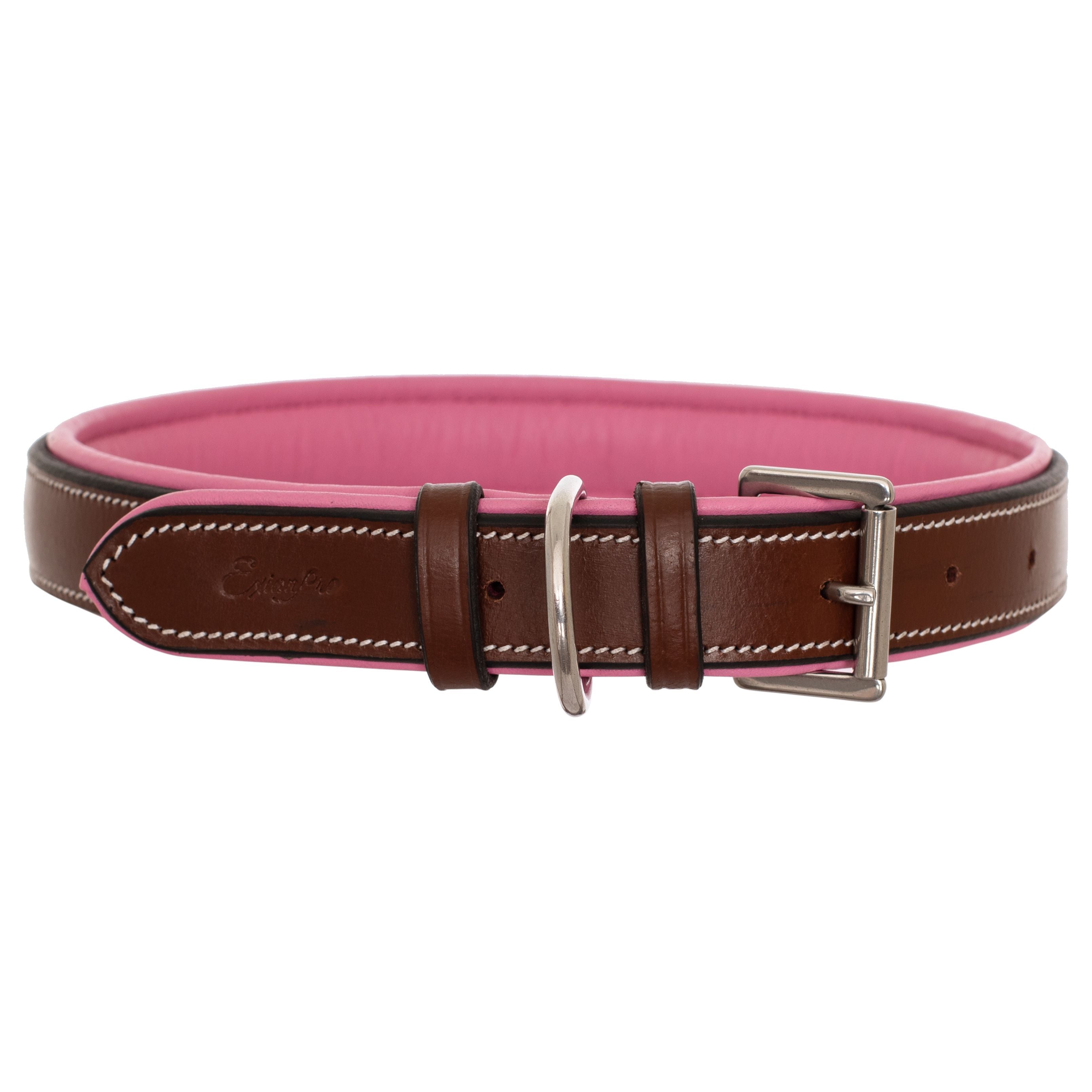 Image of ExionPro Fancy Stitched Padded Leather Dog Collar - Pink Padding