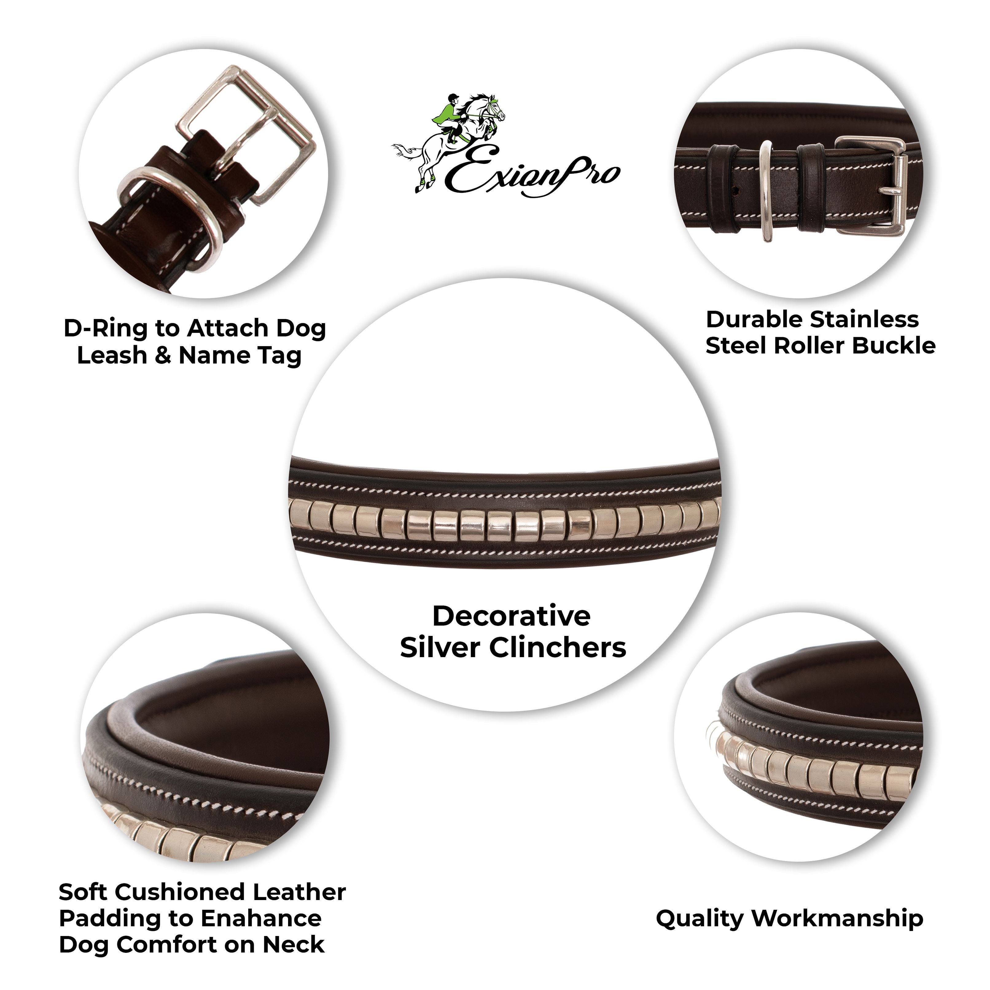 Image of ExionPro Silver Clincher Padded Leather Dog Collar - Brown Padding