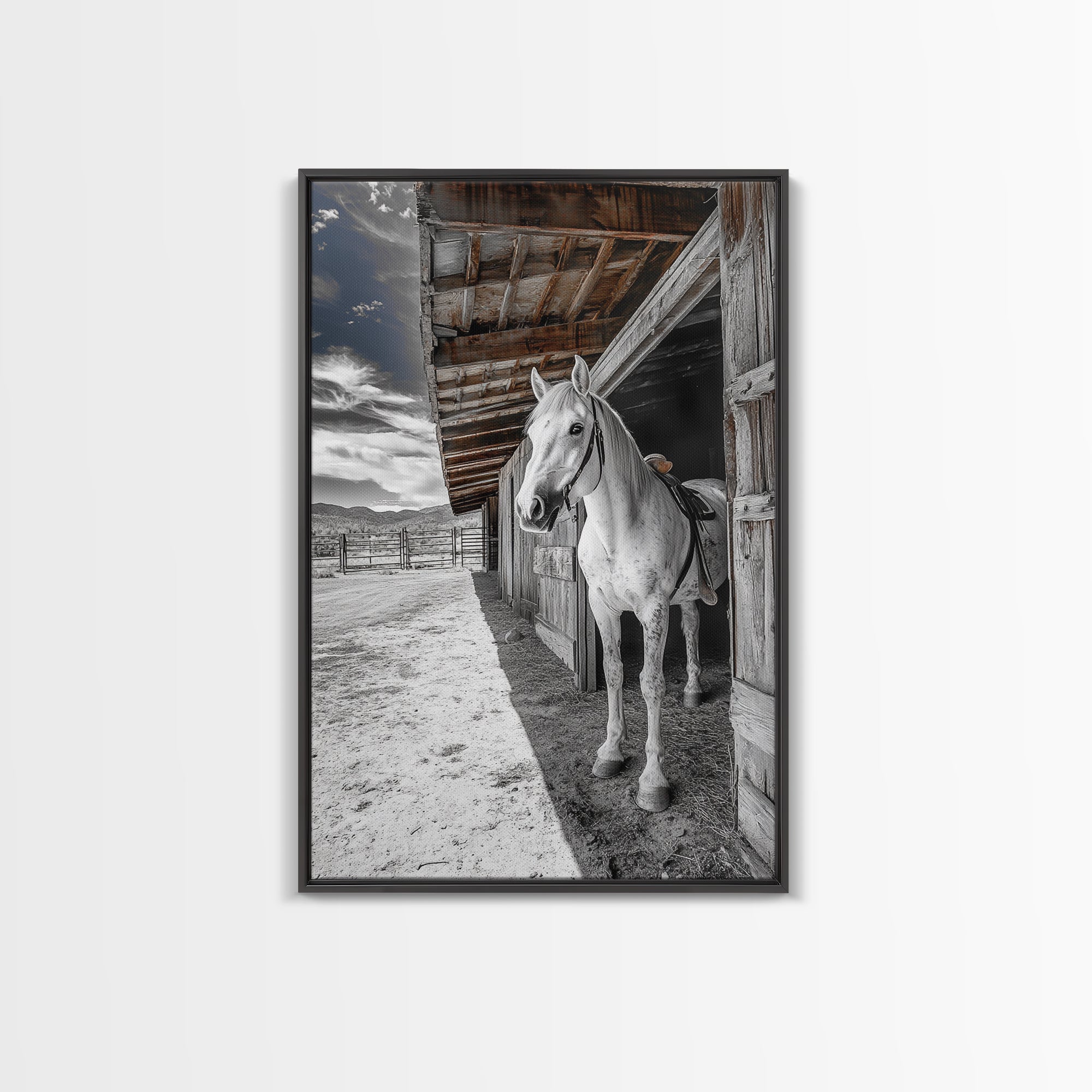 Image of White Horse, Western Ranch, Rustic Stable, Cowboy Framed Canvas Print, Farmhouse Wall Art, Country Living Room Decor, Black White Art