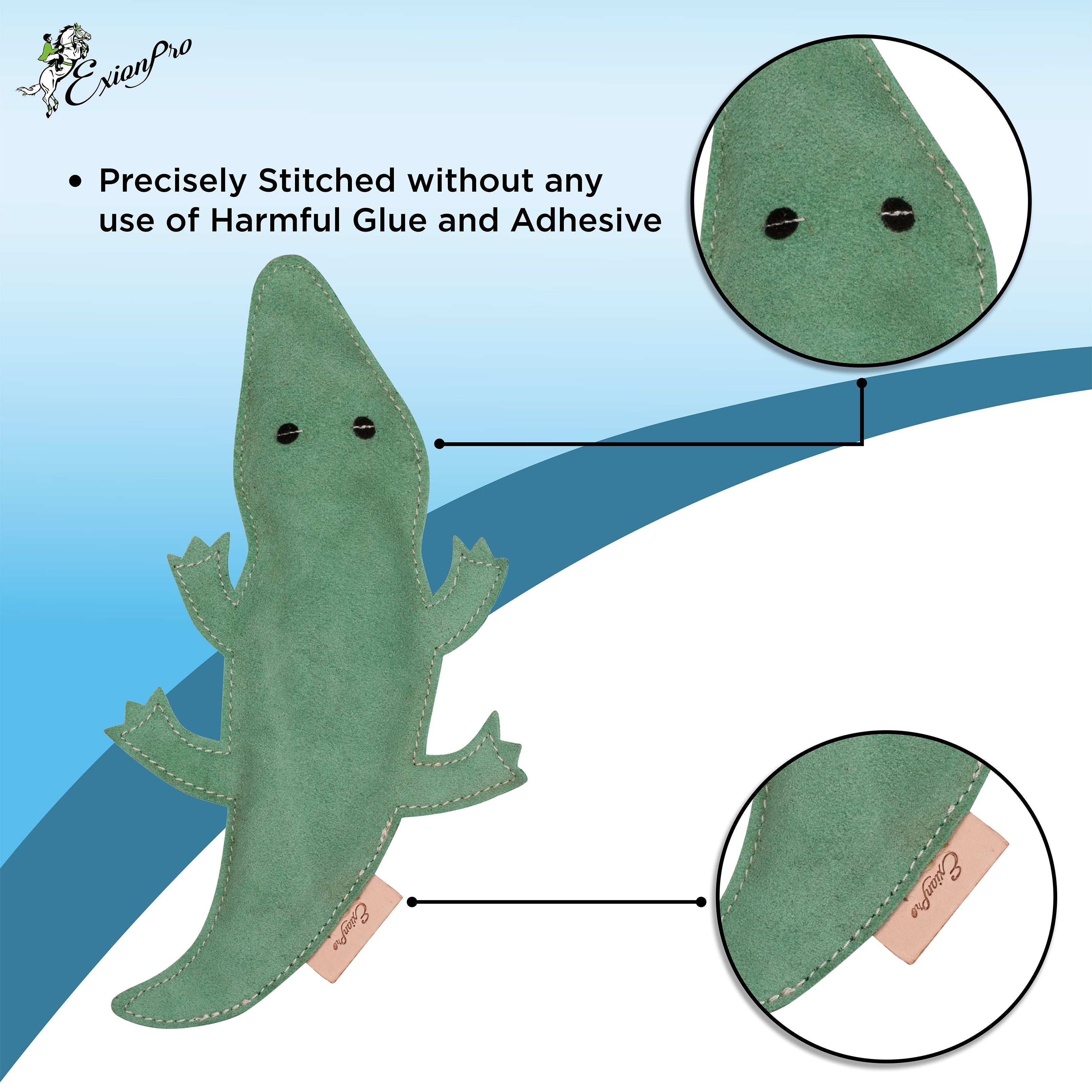 Image of ExionPro Natural Leather Crocodile Dog Toy with Non Toxic Fiber Stuffing- Green Color
