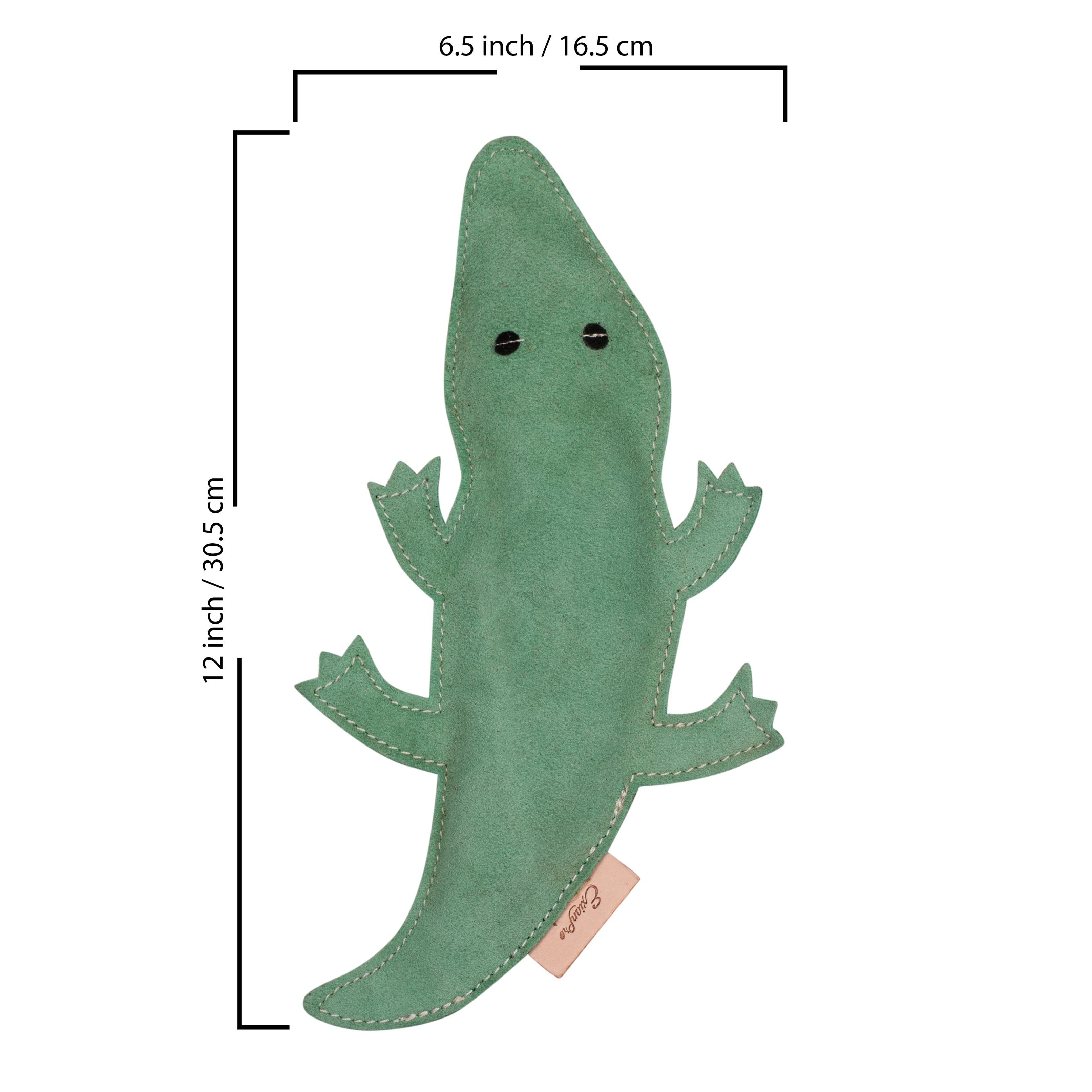 Image of ExionPro Natural Leather Crocodile Dog Toy with Non Toxic Fiber Stuffing- Green Color