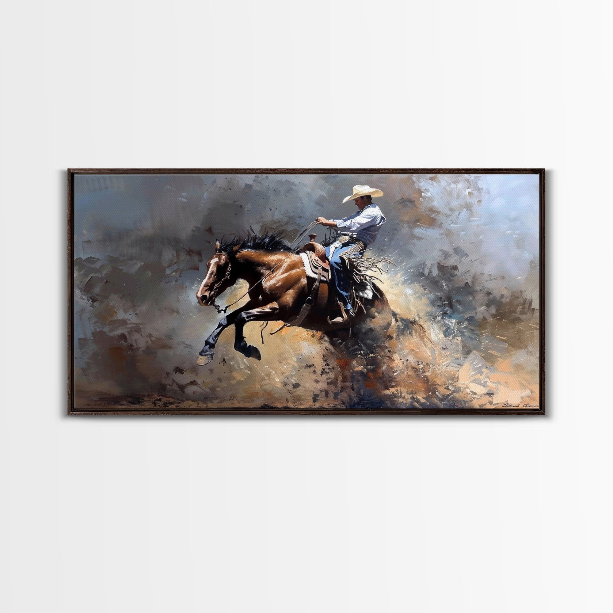 Image of Intense Rodeo Bucking Horse and Cowboy, Vibrant Framed Canvas Print, Great for Western Living Room Art, Bedroom Decor, Rustic Home Wall Art