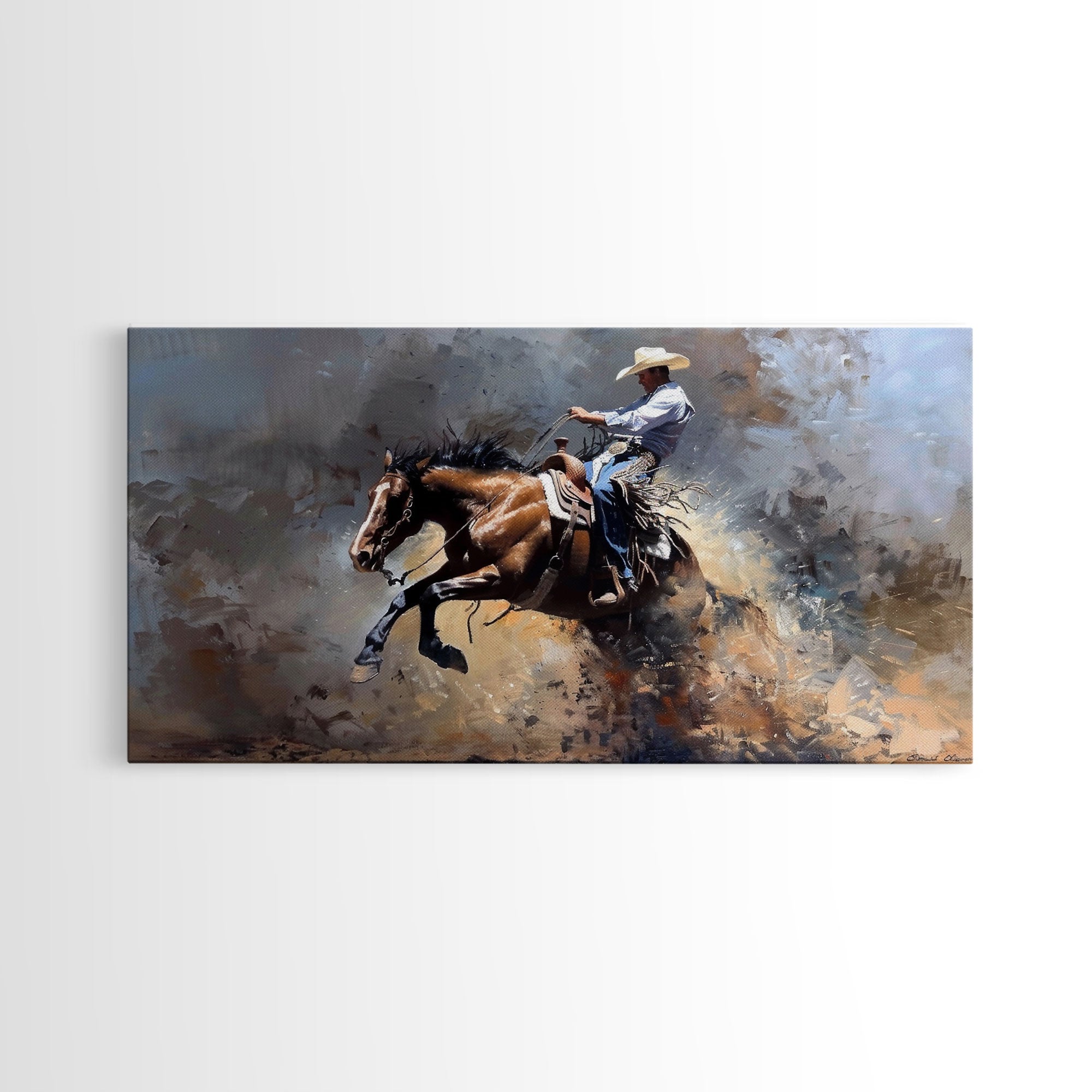 Image of Intense Rodeo Bucking Horse and Cowboy, Vibrant Framed Canvas Print, Great for Western Living Room Art, Bedroom Decor, Rustic Home Wall Art