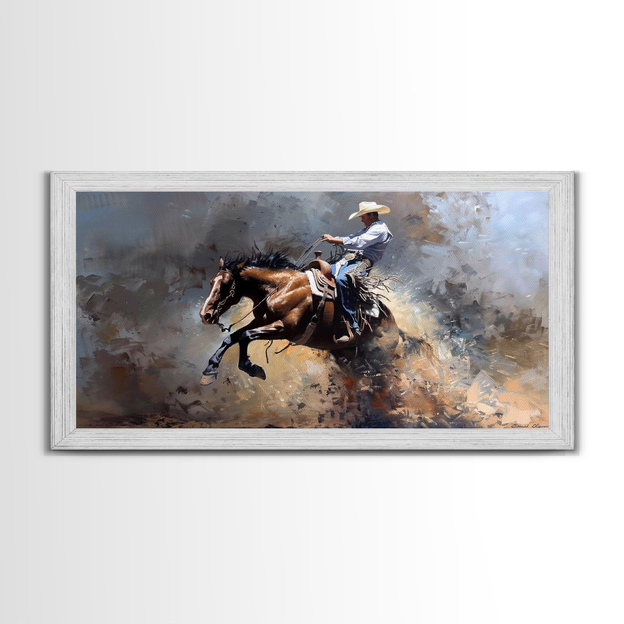 Image of Intense Rodeo Bucking Horse and Cowboy, Vibrant Framed Canvas Print, Great for Western Living Room Art, Bedroom Decor, Rustic Home Wall Art