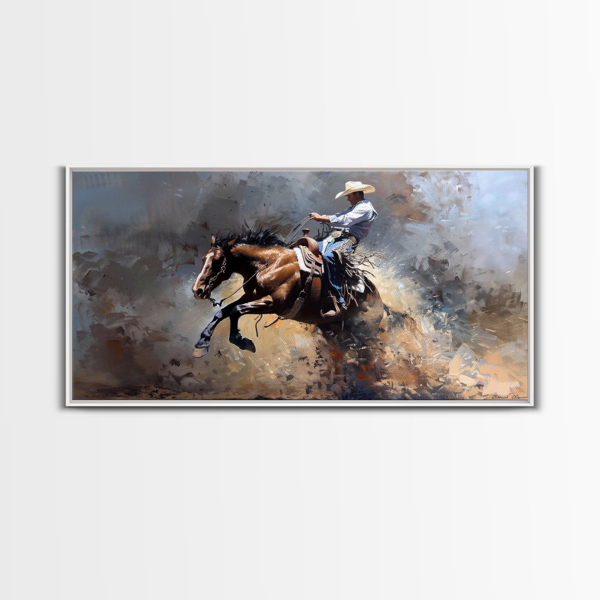 Image of Intense Rodeo Bucking Horse and Cowboy, Vibrant Framed Canvas Print, Great for Western Living Room Art, Bedroom Decor, Rustic Home Wall Art