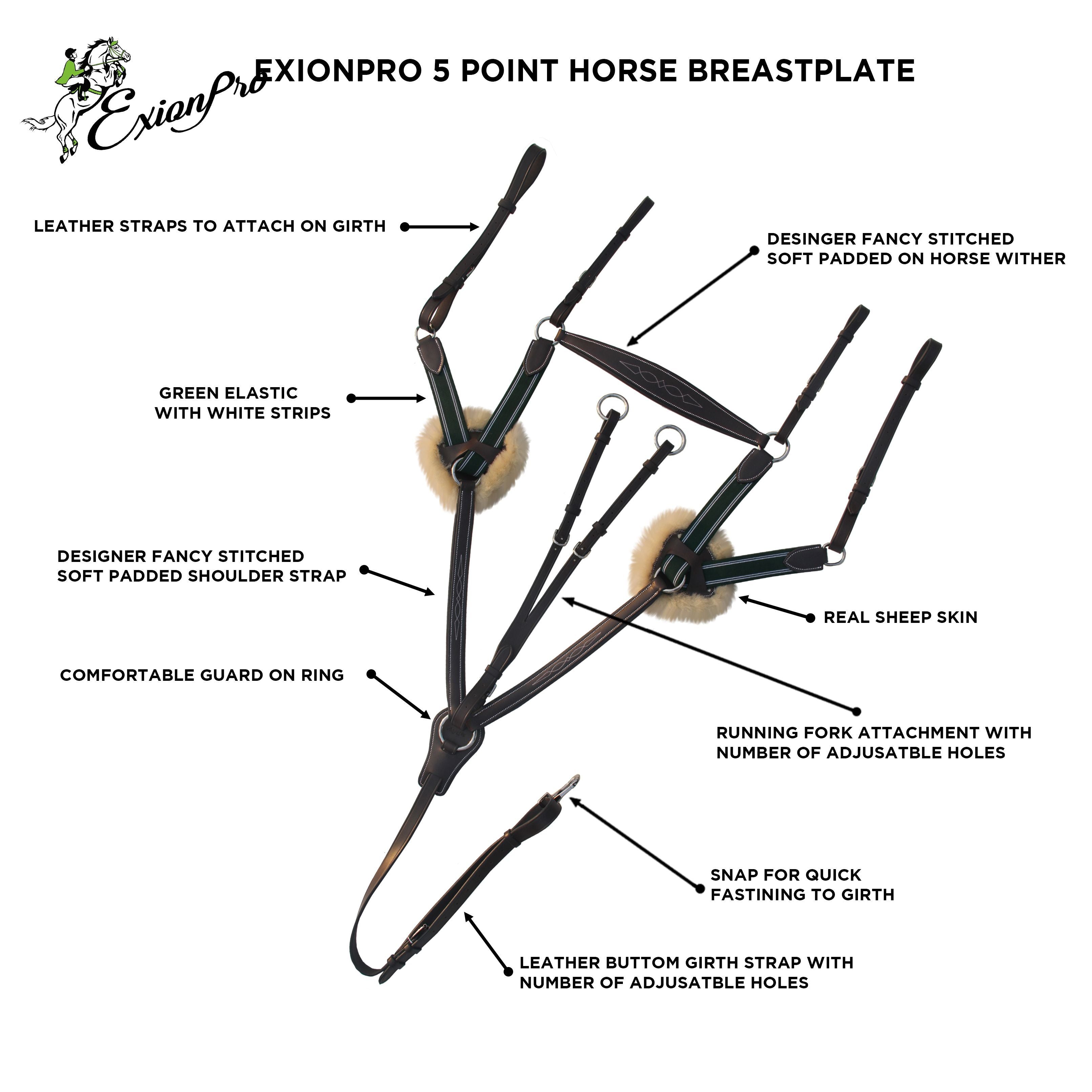 Image of ExionPro 5 Point Breastplate with Sheepskin Padding - Green Elastic & White Lines