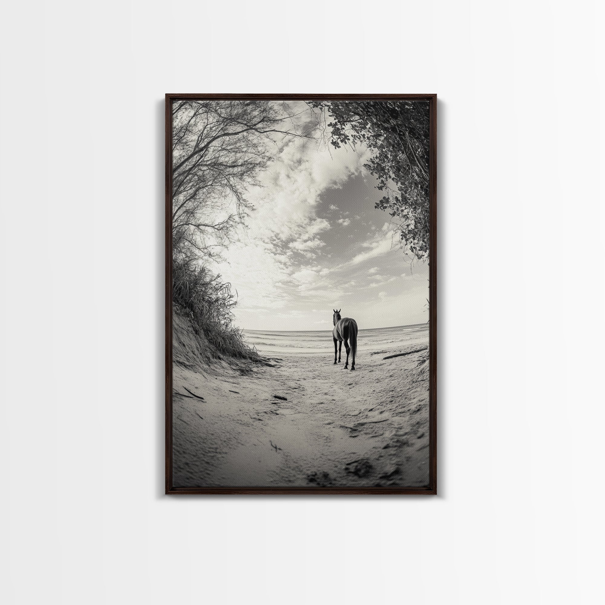 Image of Horse on Shore, Ocean Path Scene, Wild Beauty, Serene Escape, Framed Canvas Print, Boho Wall Art, Bedroom or Entryway Decor