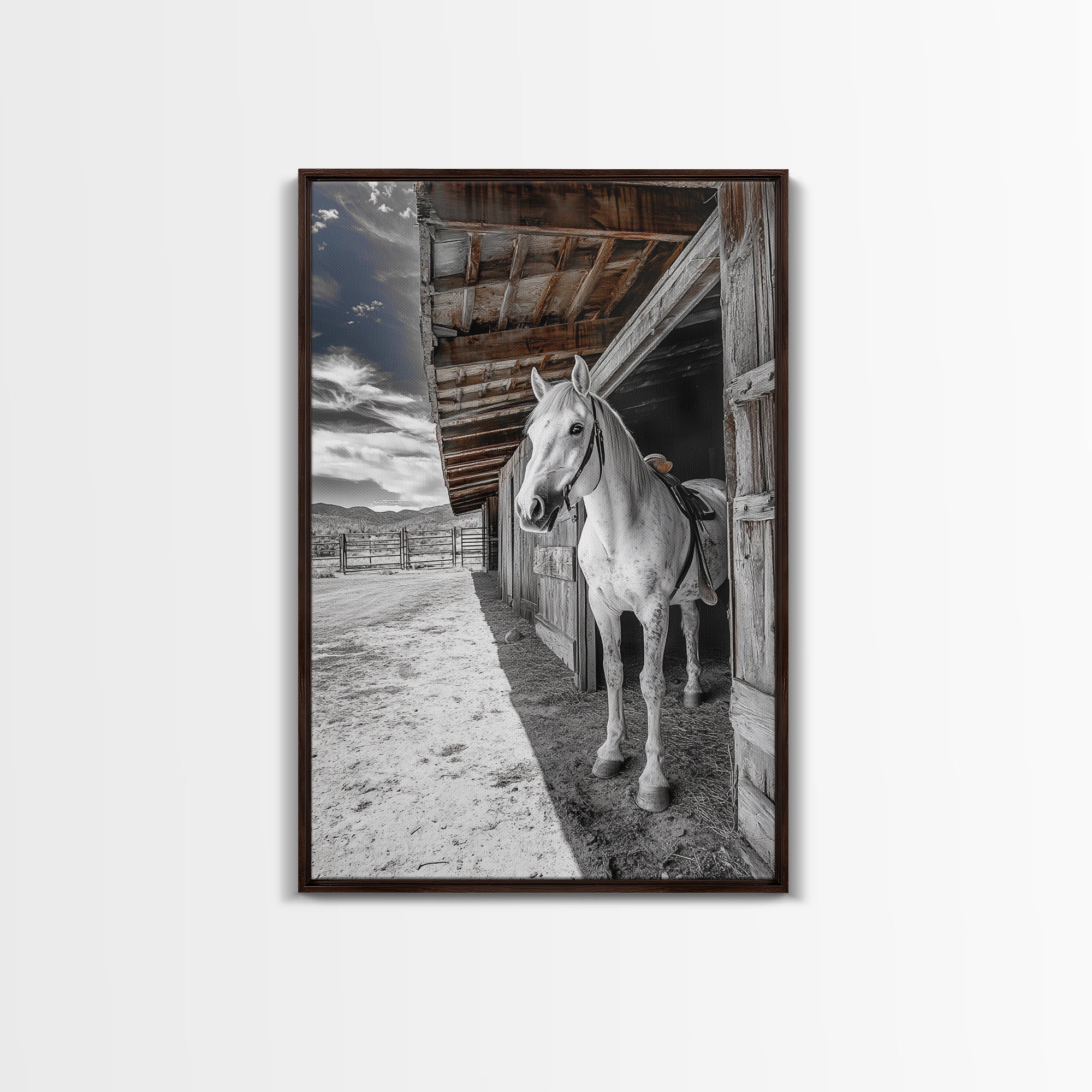 Image of White Horse, Western Ranch, Rustic Stable, Cowboy Framed Canvas Print, Farmhouse Wall Art, Country Living Room Decor, Black White Art