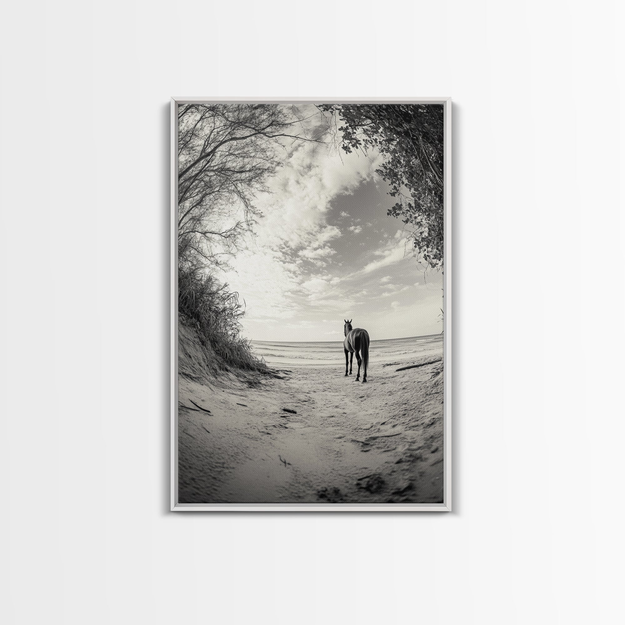 Image of Horse on Shore, Ocean Path Scene, Wild Beauty, Serene Escape, Framed Canvas Print, Boho Wall Art, Bedroom or Entryway Decor