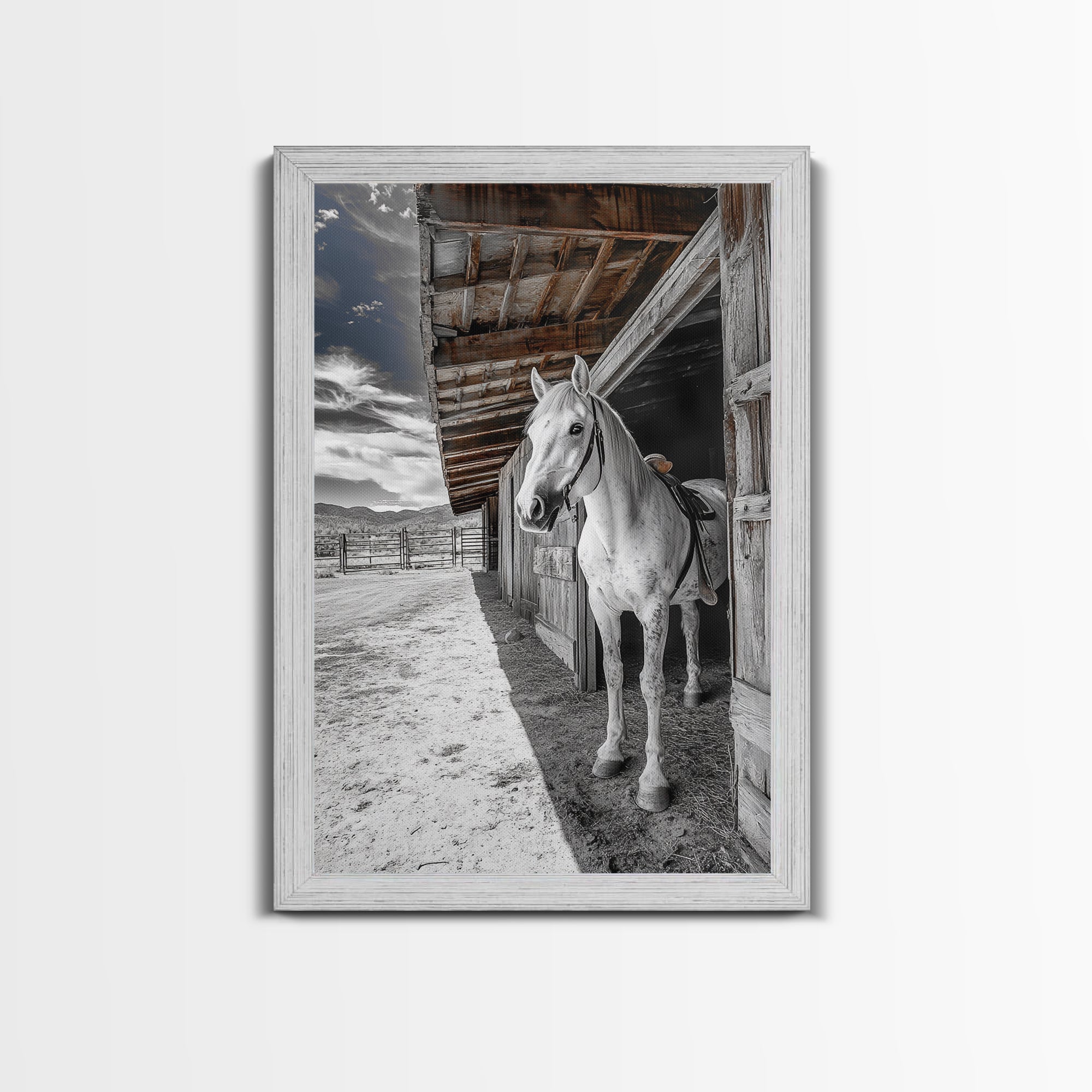 Image of White Horse, Western Ranch, Rustic Stable, Cowboy Framed Canvas Print, Farmhouse Wall Art, Country Living Room Decor, Black White Art