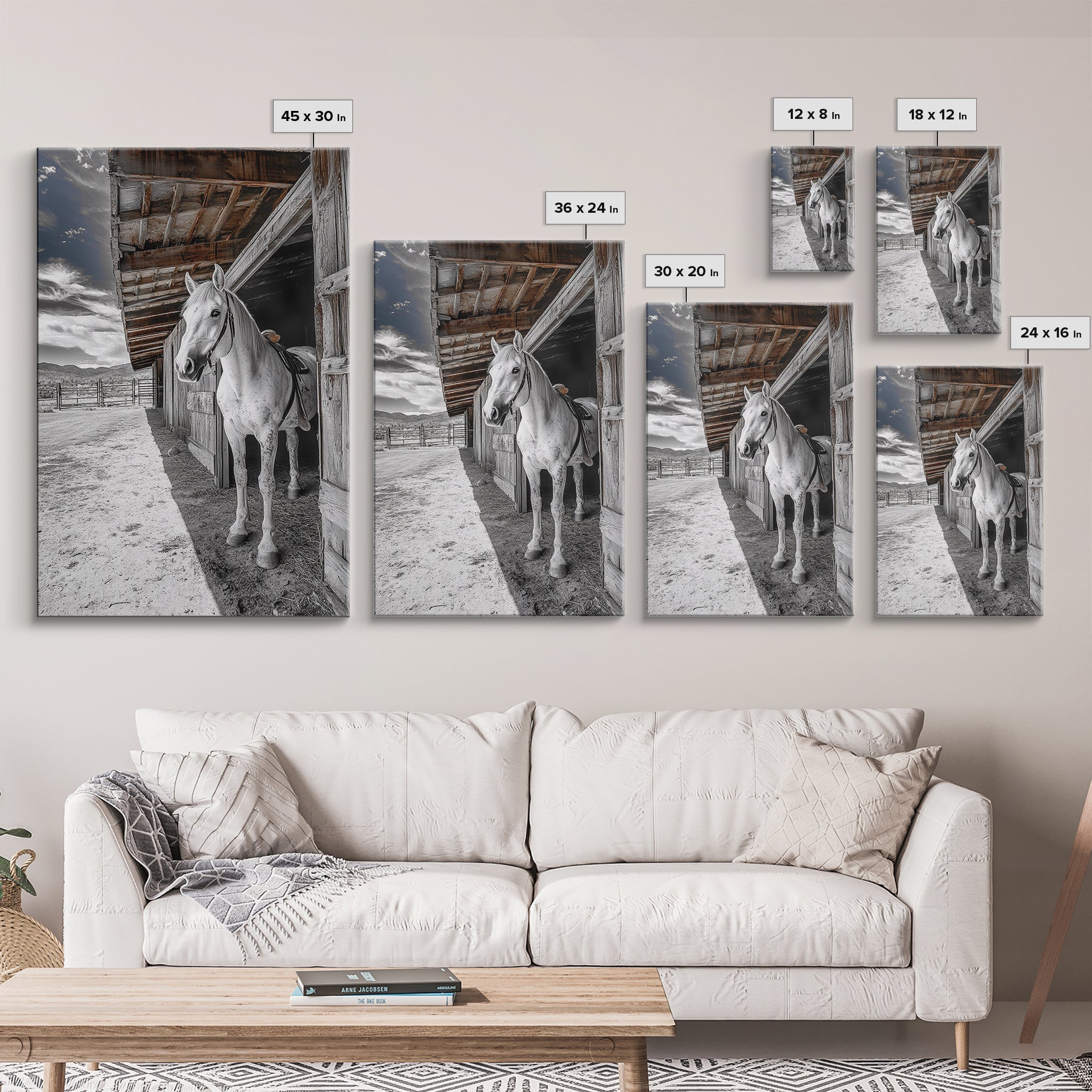 Image of White Horse, Western Ranch, Rustic Stable, Cowboy Framed Canvas Print, Farmhouse Wall Art, Country Living Room Decor, Black White Art