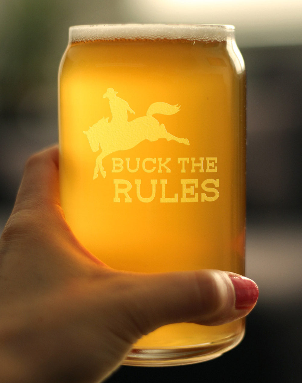 Image of Buck the Rules - Funny Horse Beer Can Pint Glass Gifts for Men & Women - Fun Unique Equestrian Decor