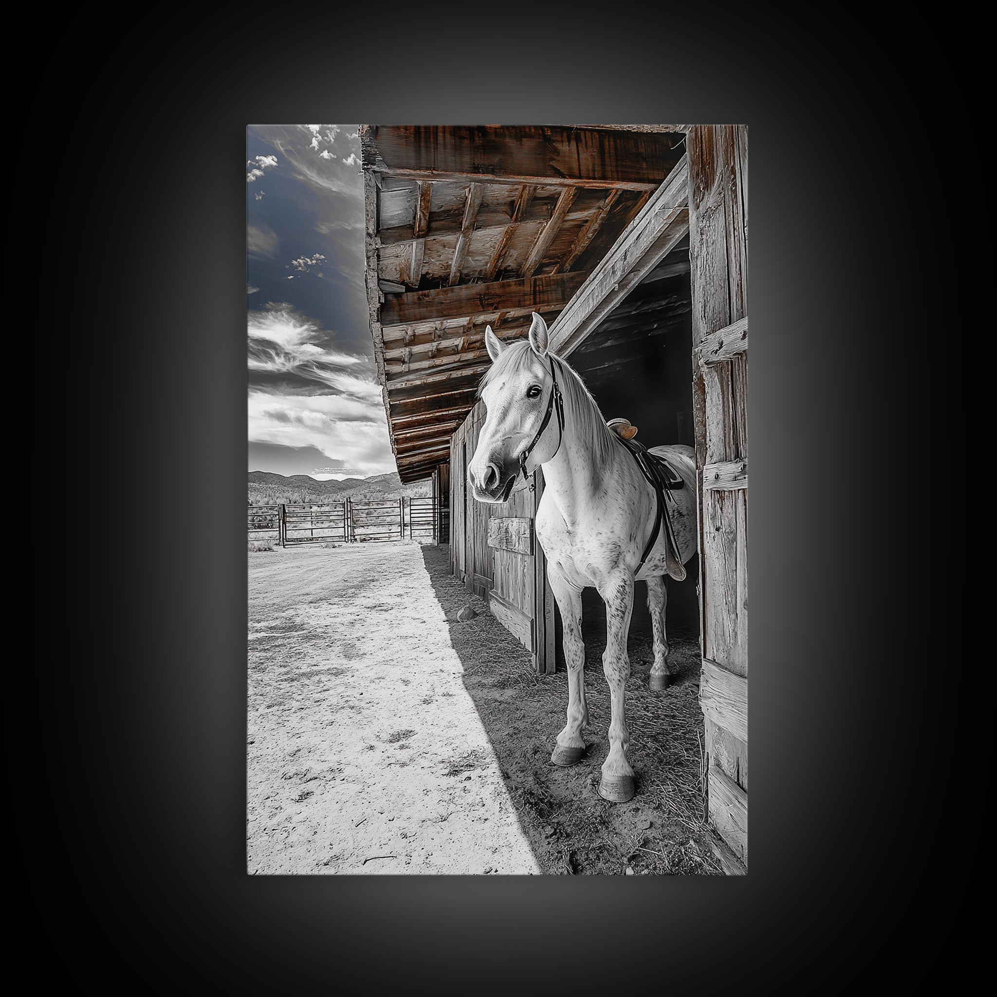 Image of White Horse, Western Ranch, Rustic Stable, Cowboy Framed Canvas Print, Farmhouse Wall Art, Country Living Room Decor, Black White Art