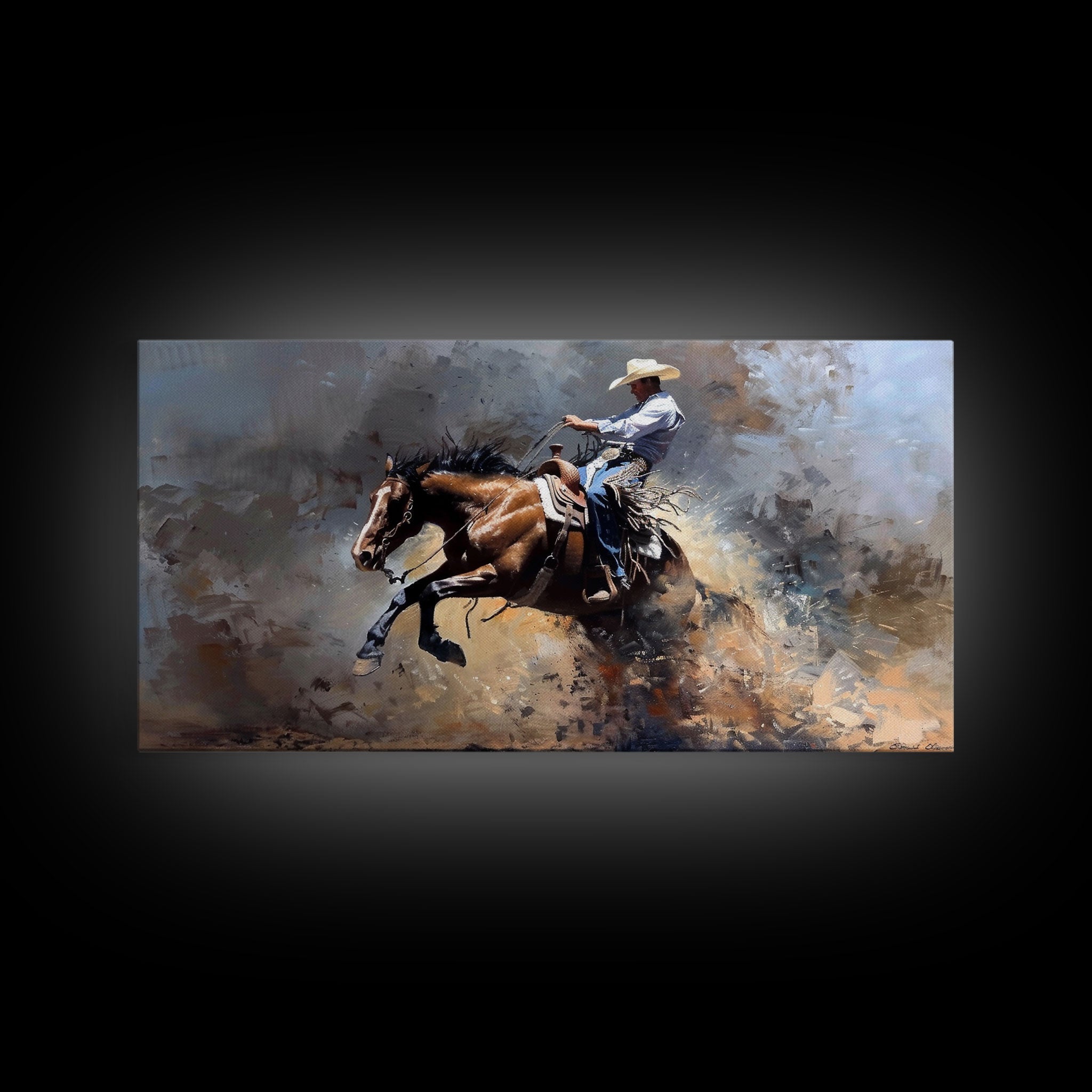 Image of Intense Rodeo Bucking Horse and Cowboy, Vibrant Framed Canvas Print, Great for Western Living Room Art, Bedroom Decor, Rustic Home Wall Art