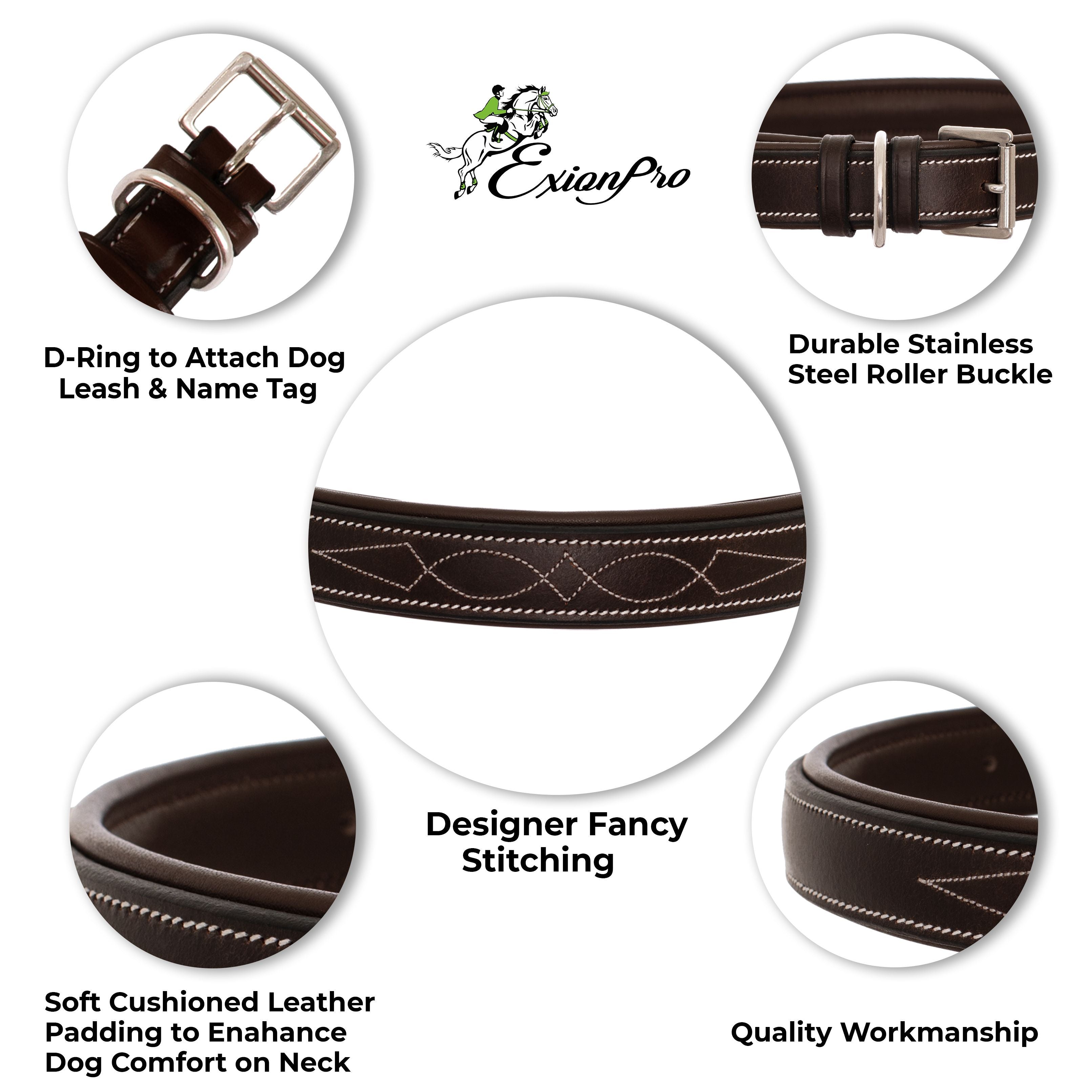 Image of ExionPro Fancy Stitched Padded Leather Dog Collar - Oak Brown Padding