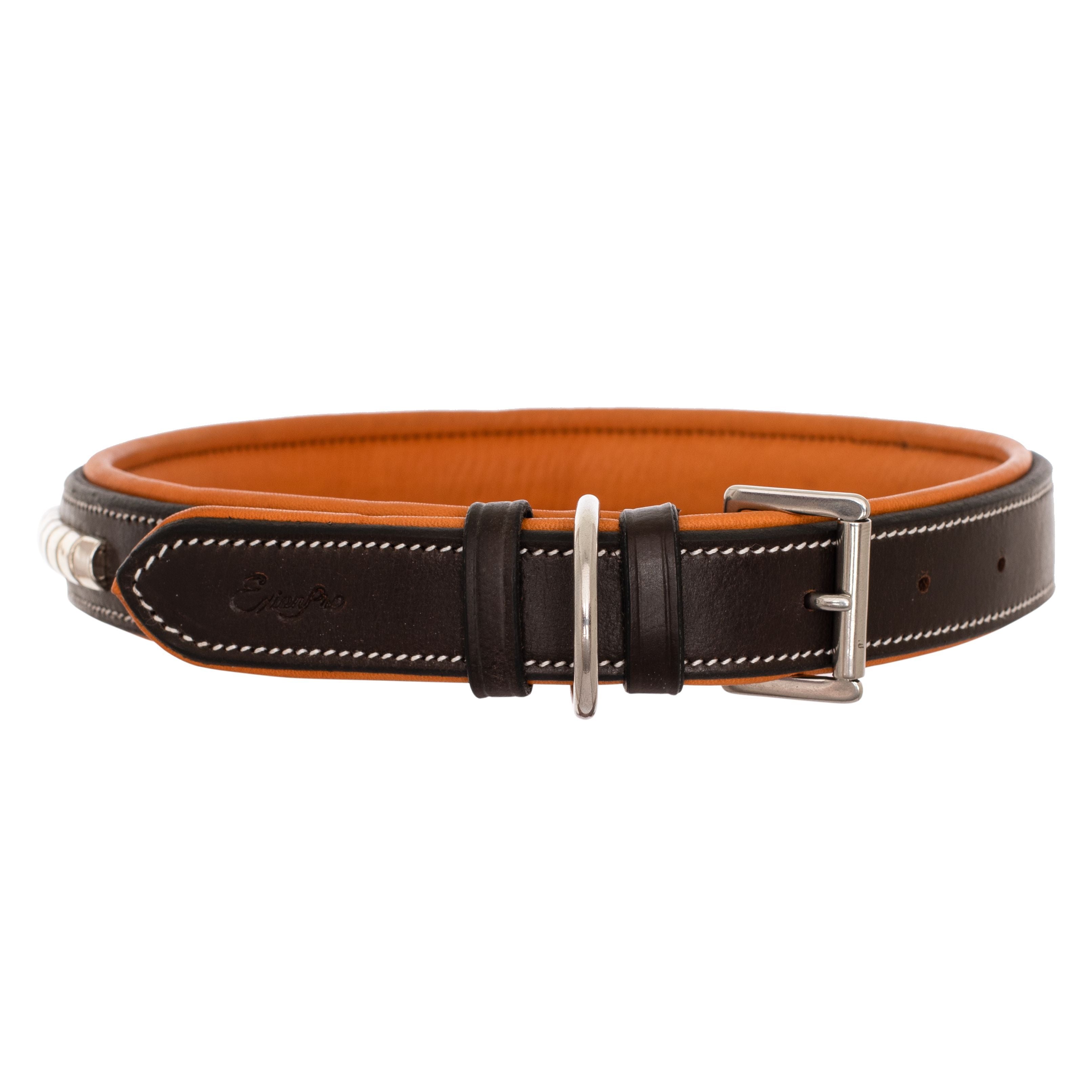 Image of ExionPro Silver Clincher Padded Leather Dog Collar - Conker Padding