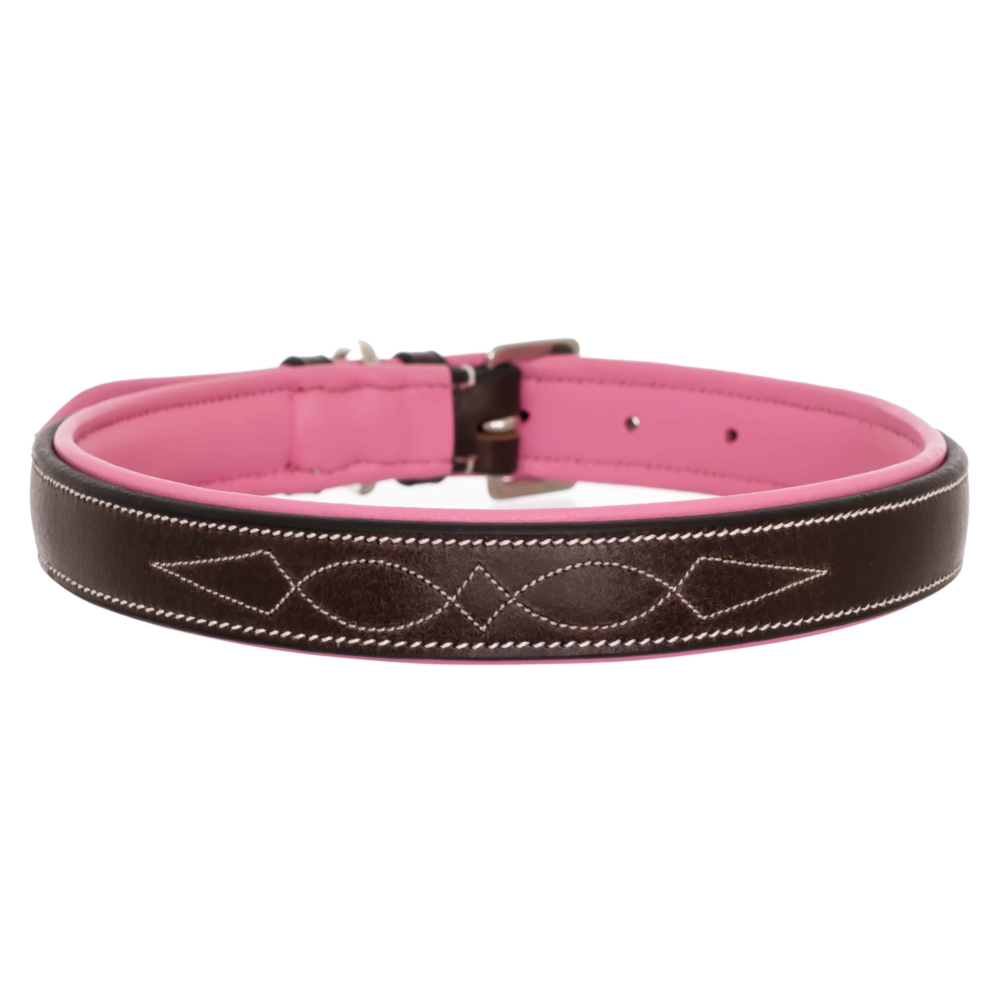 Image of ExionPro Fancy Stitched Padded Leather Dog Collar - Pink Padding