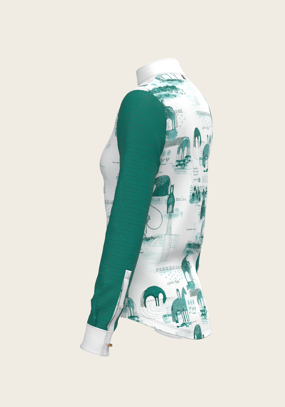 Image of Daydreaming Horses in Green Short Pleated Long Sleeve Show Shirt