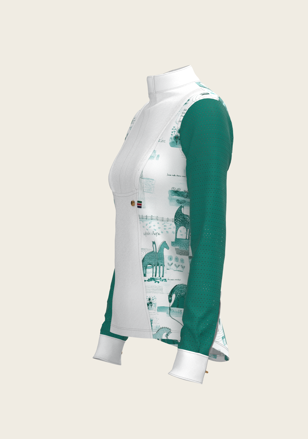 Image of Daydreaming Horses in Green Short Pleated Long Sleeve Show Shirt