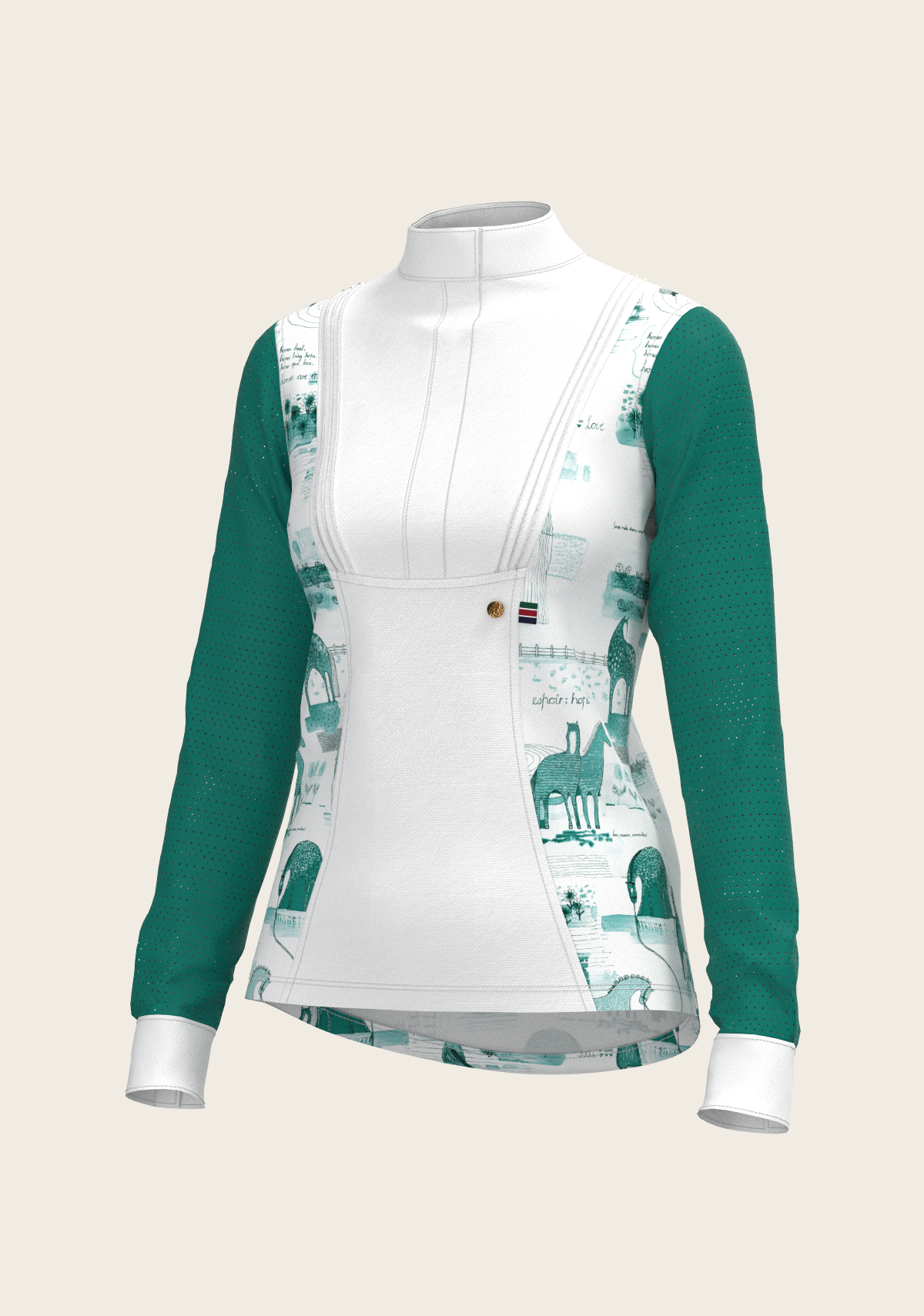 Image of Daydreaming Horses in Green Short Pleated Long Sleeve Show Shirt