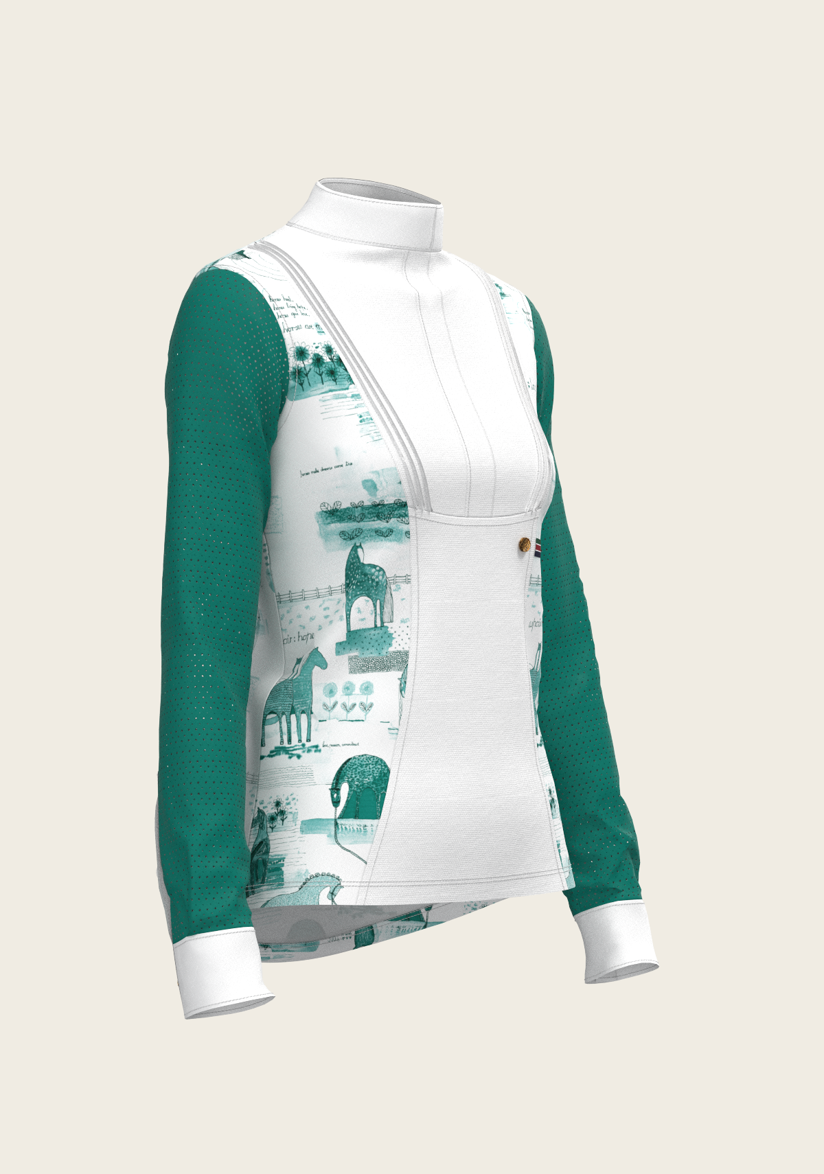 Image of Daydreaming Horses in Green Short Pleated Long Sleeve Show Shirt