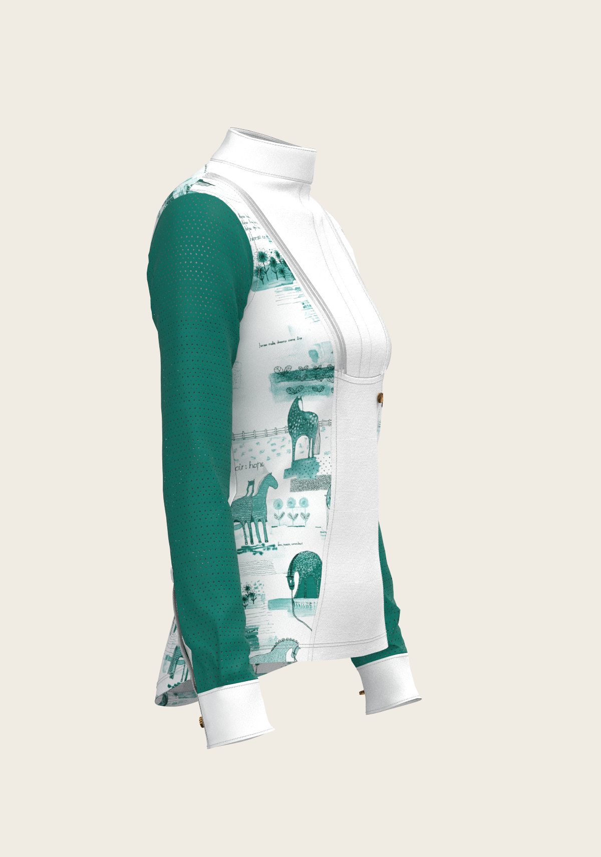 Image of Daydreaming Horses in Green Short Pleated Long Sleeve Show Shirt