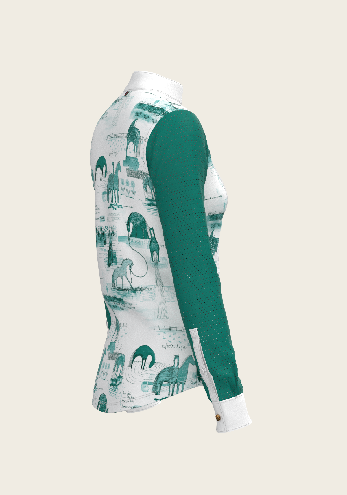 Image of Daydreaming Horses in Green Short Pleated Long Sleeve Show Shirt