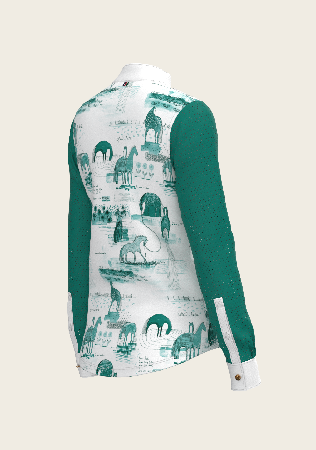 Image of Daydreaming Horses in Green Short Pleated Long Sleeve Show Shirt
