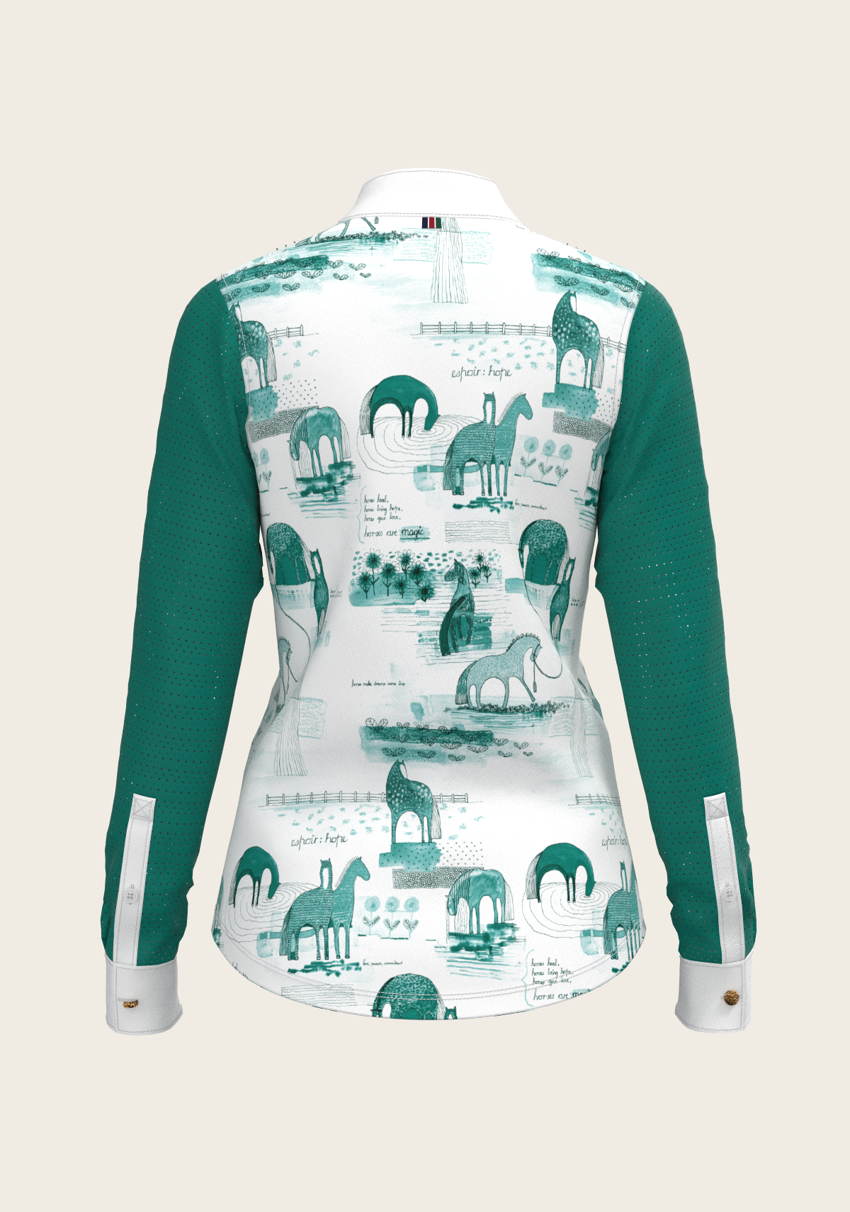 Image of Daydreaming Horses in Green Short Pleated Long Sleeve Show Shirt