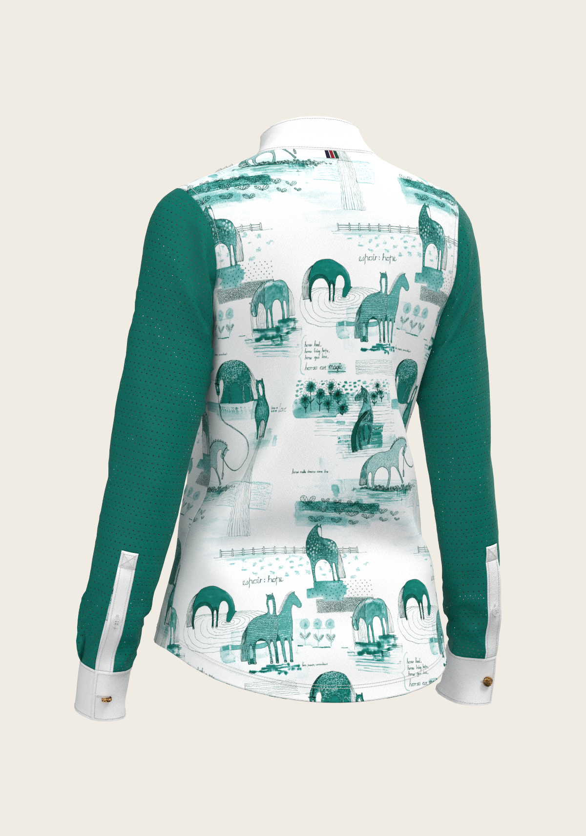 Image of Daydreaming Horses in Green Short Pleated Long Sleeve Show Shirt