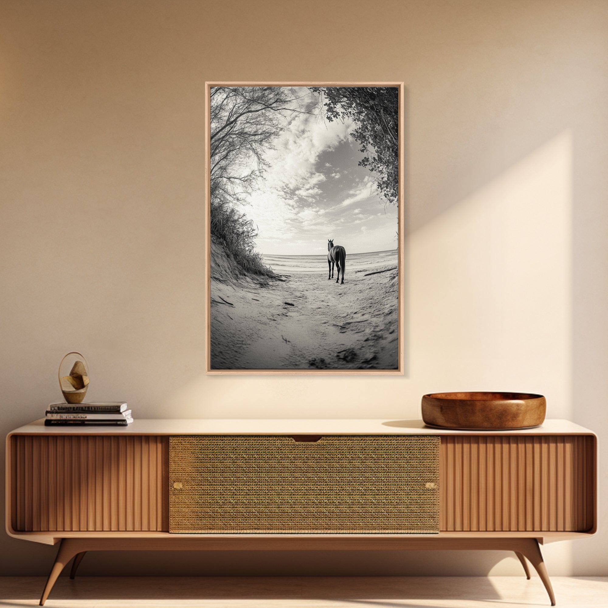 Image of Horse on Shore, Ocean Path Scene, Wild Beauty, Serene Escape, Framed Canvas Print, Boho Wall Art, Bedroom or Entryway Decor