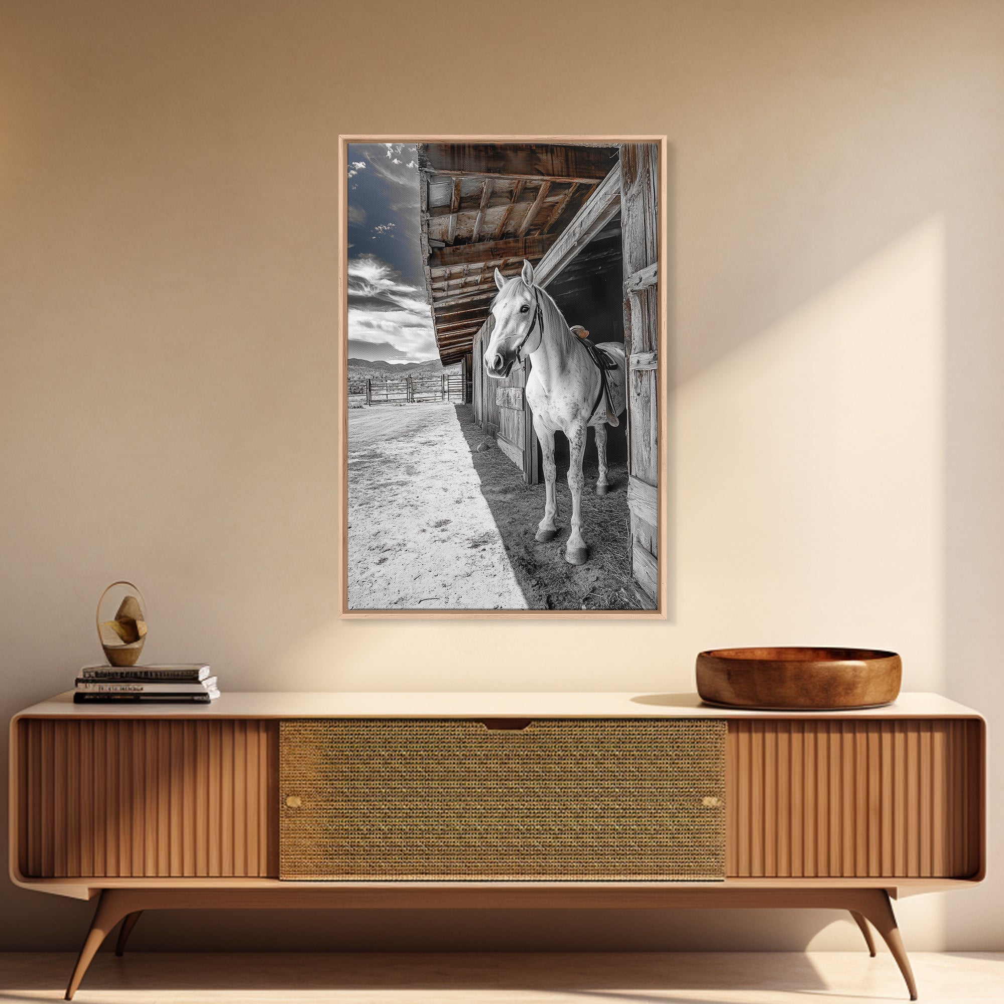 Image of White Horse, Western Ranch, Rustic Stable, Cowboy Framed Canvas Print, Farmhouse Wall Art, Country Living Room Decor, Black White Art