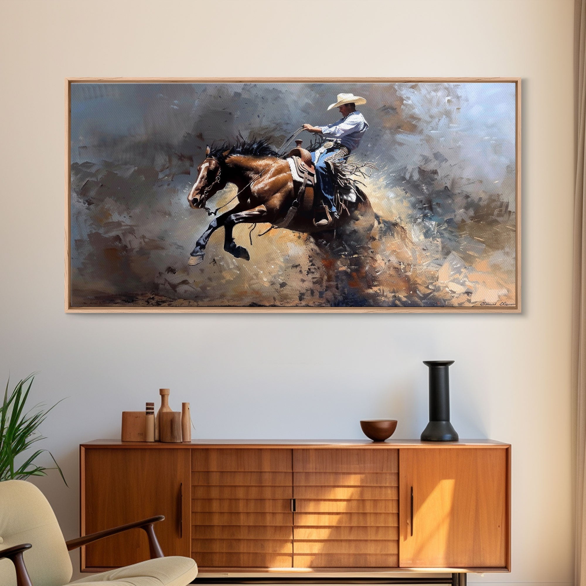 Image of Intense Rodeo Bucking Horse and Cowboy, Vibrant Framed Canvas Print, Great for Western Living Room Art, Bedroom Decor, Rustic Home Wall Art
