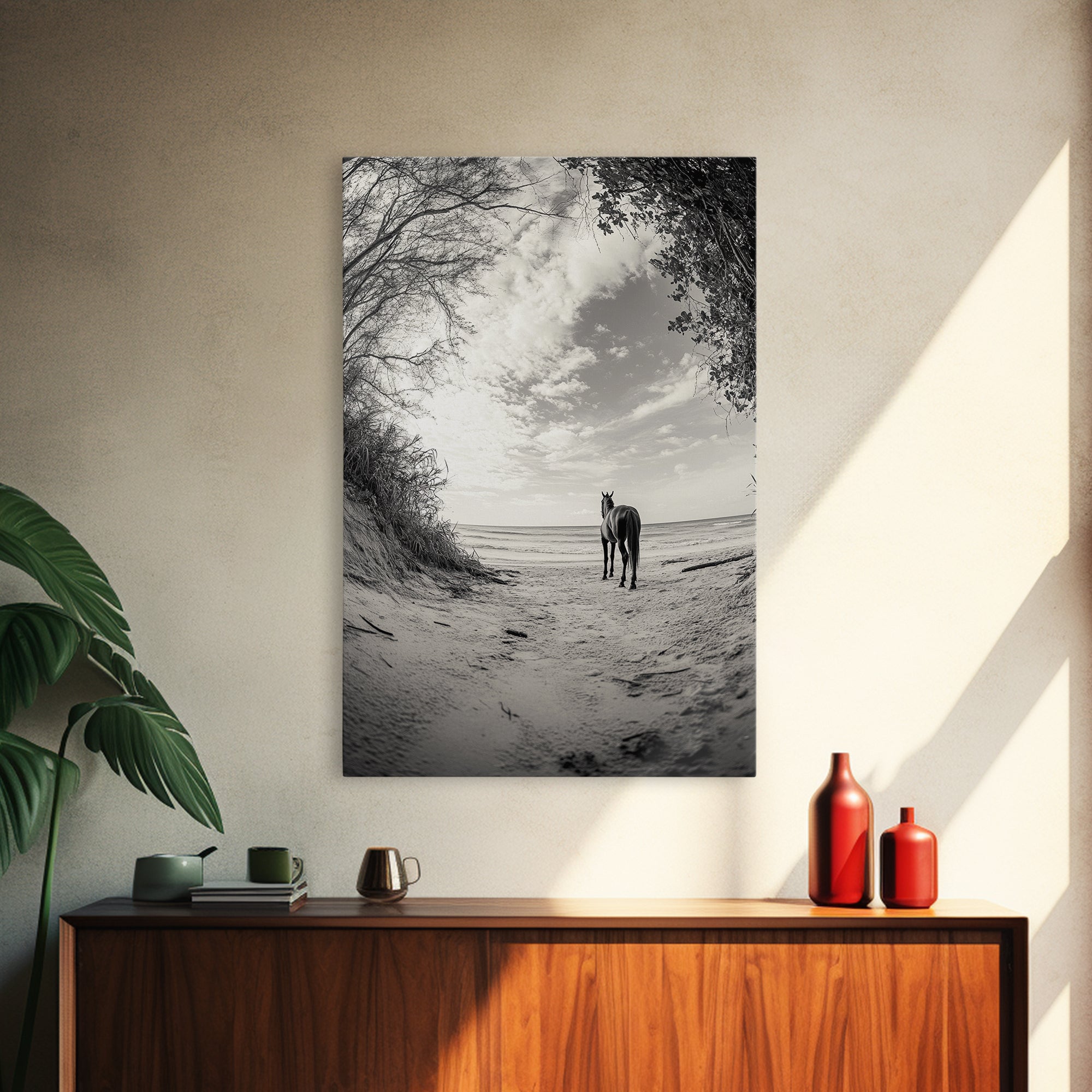 Image of Horse on Shore, Ocean Path Scene, Wild Beauty, Serene Escape, Framed Canvas Print, Boho Wall Art, Bedroom or Entryway Decor