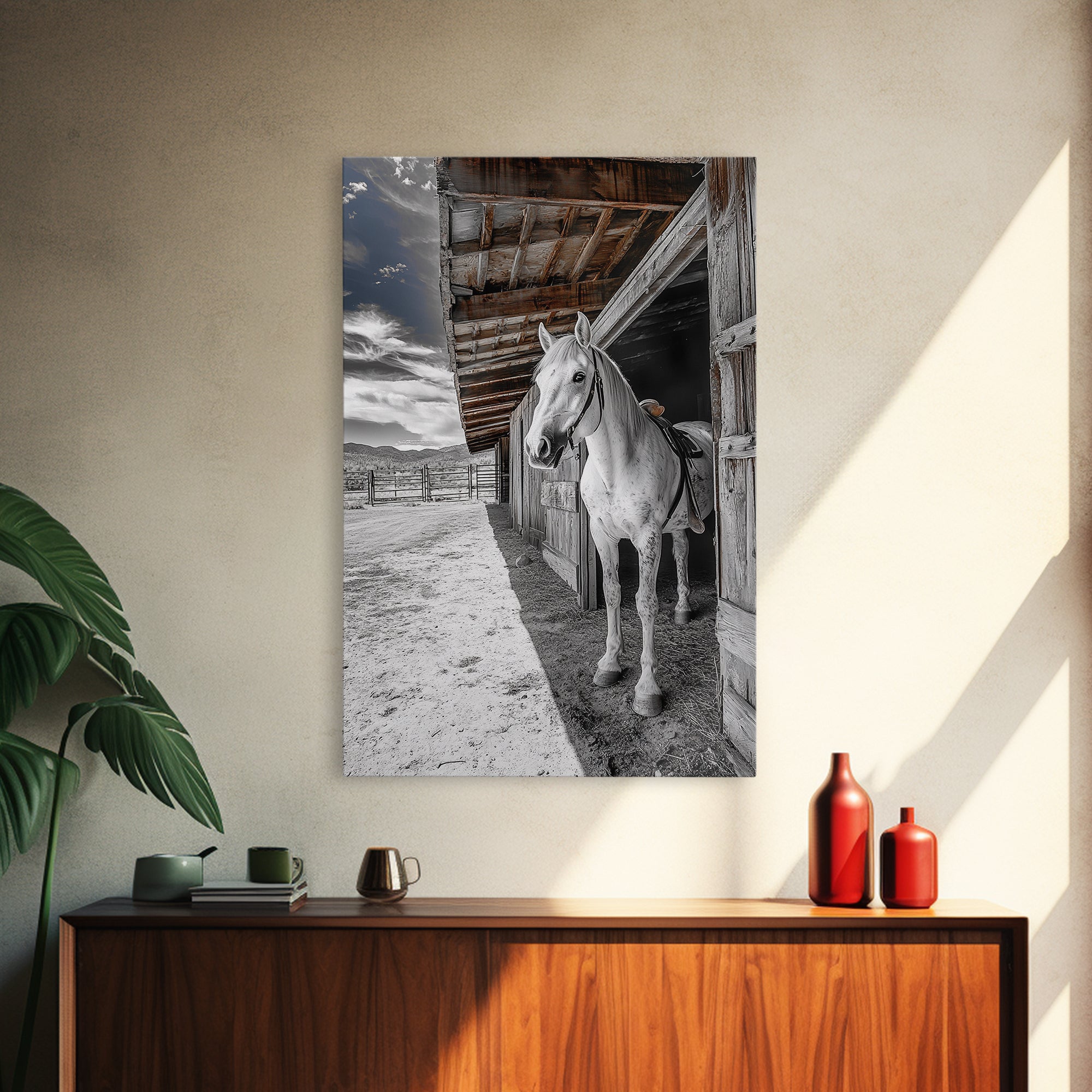 Image of White Horse, Western Ranch, Rustic Stable, Cowboy Framed Canvas Print, Farmhouse Wall Art, Country Living Room Decor, Black White Art