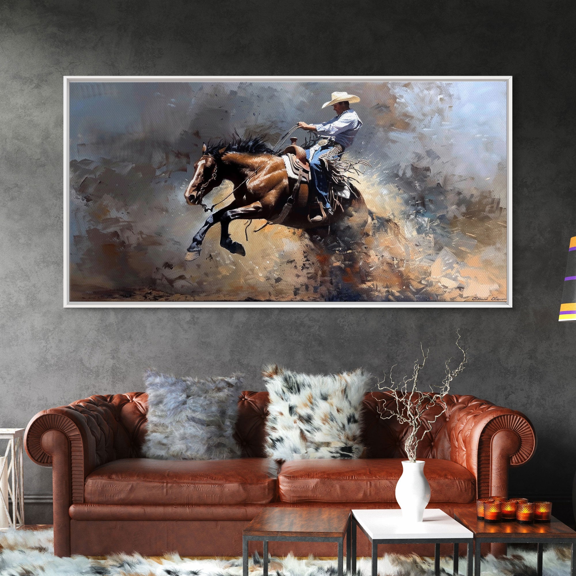 Image of Intense Rodeo Bucking Horse and Cowboy, Vibrant Framed Canvas Print, Great for Western Living Room Art, Bedroom Decor, Rustic Home Wall Art