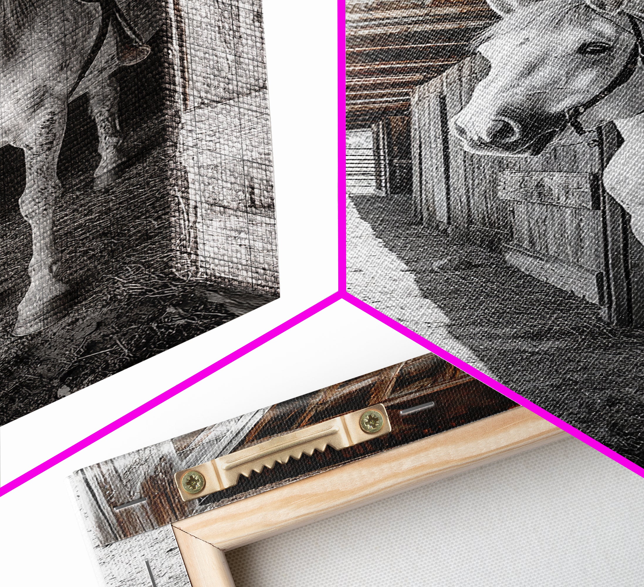 Image of White Horse, Western Ranch, Rustic Stable, Cowboy Framed Canvas Print, Farmhouse Wall Art, Country Living Room Decor, Black White Art