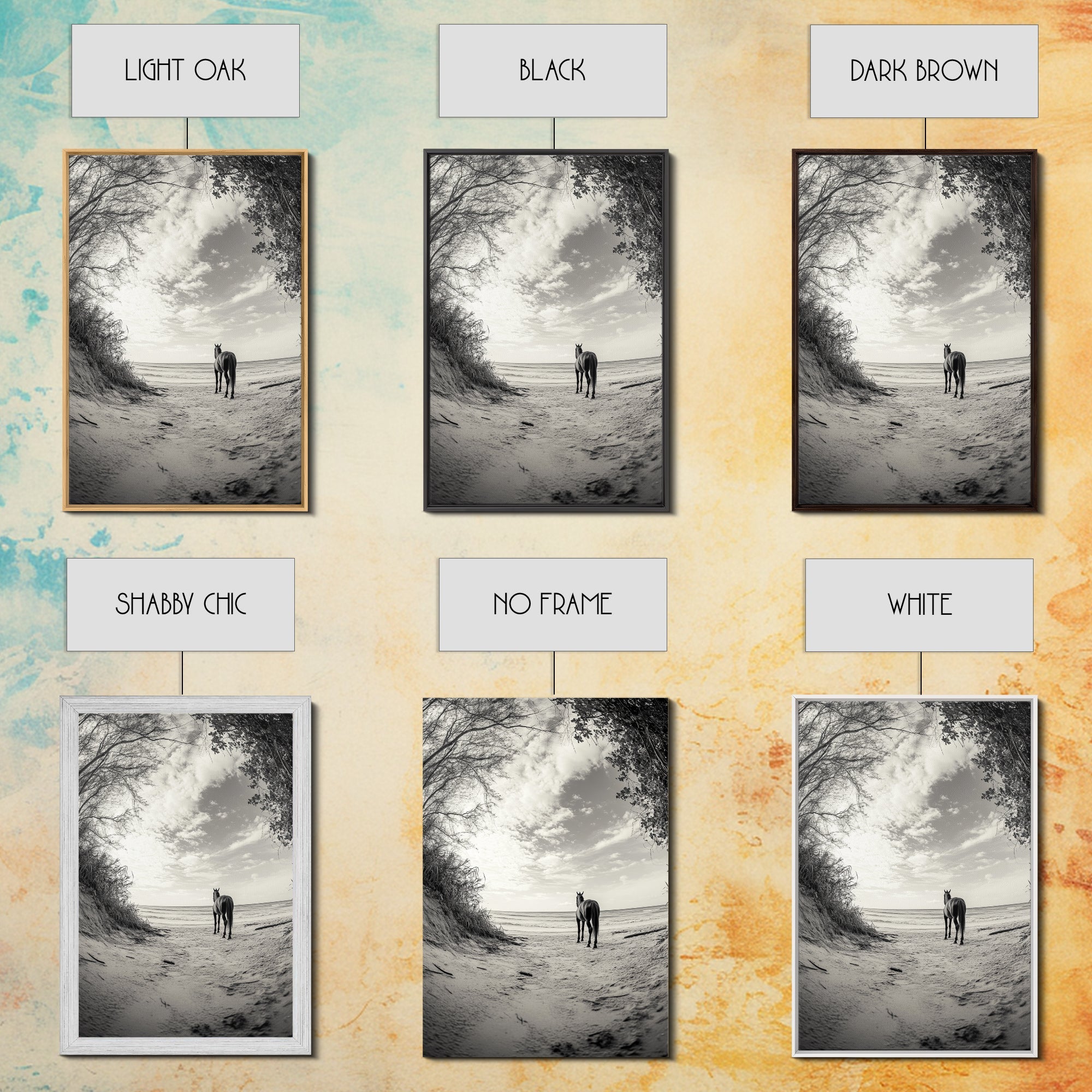 Image of Horse on Shore, Ocean Path Scene, Wild Beauty, Serene Escape, Framed Canvas Print, Boho Wall Art, Bedroom or Entryway Decor