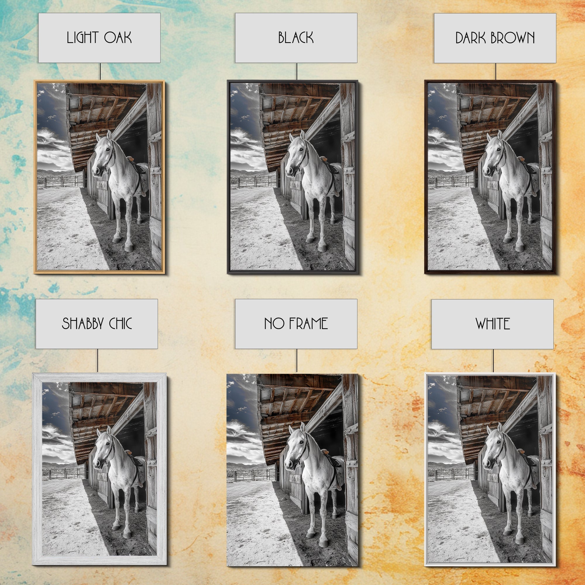 Image of White Horse, Western Ranch, Rustic Stable, Cowboy Framed Canvas Print, Farmhouse Wall Art, Country Living Room Decor, Black White Art