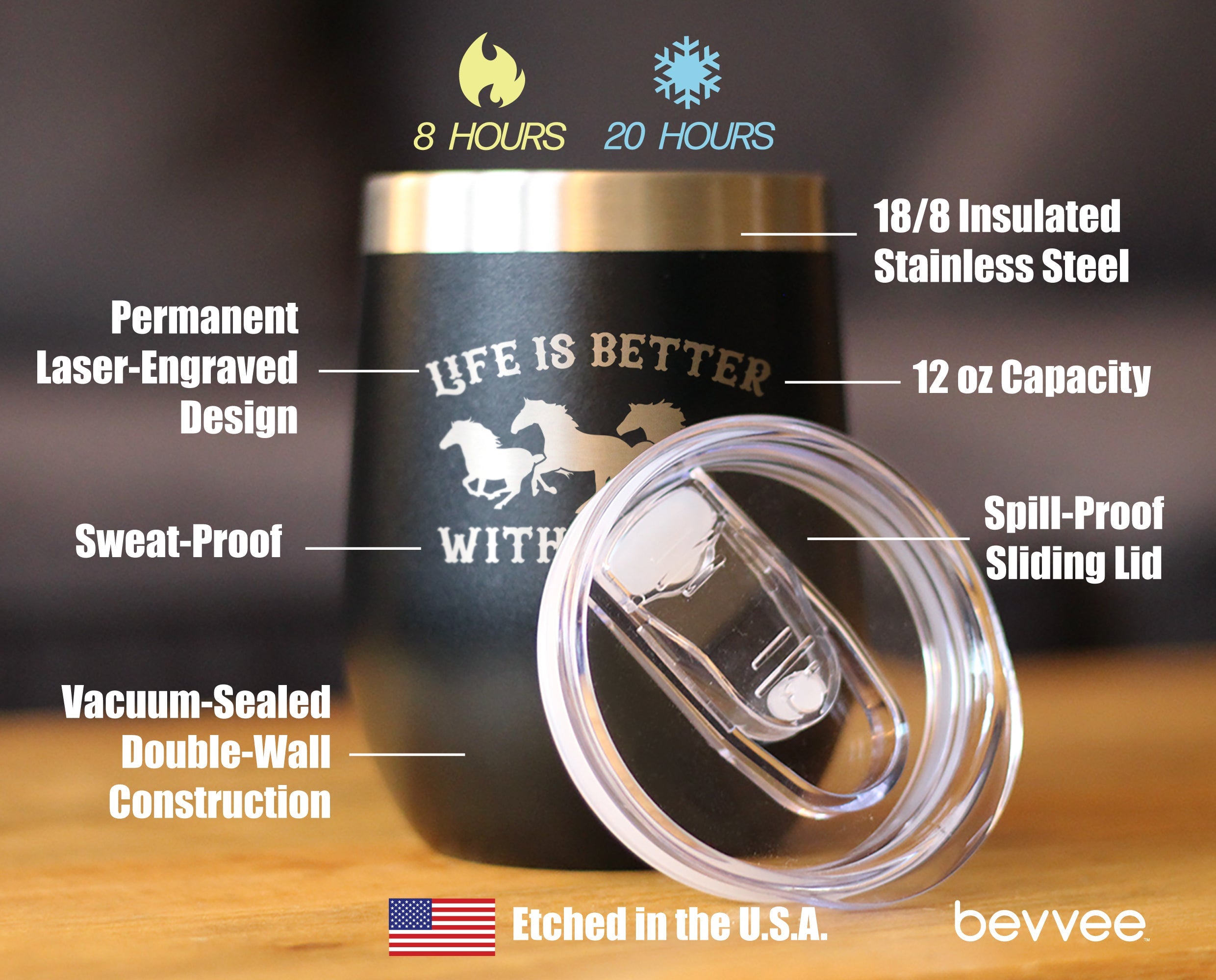 Image of Life is Better With Horses - Wine Tumbler Glass with Sliding Lid - Stainless Steel Travel Mug - Horse Gifts for Women and Men