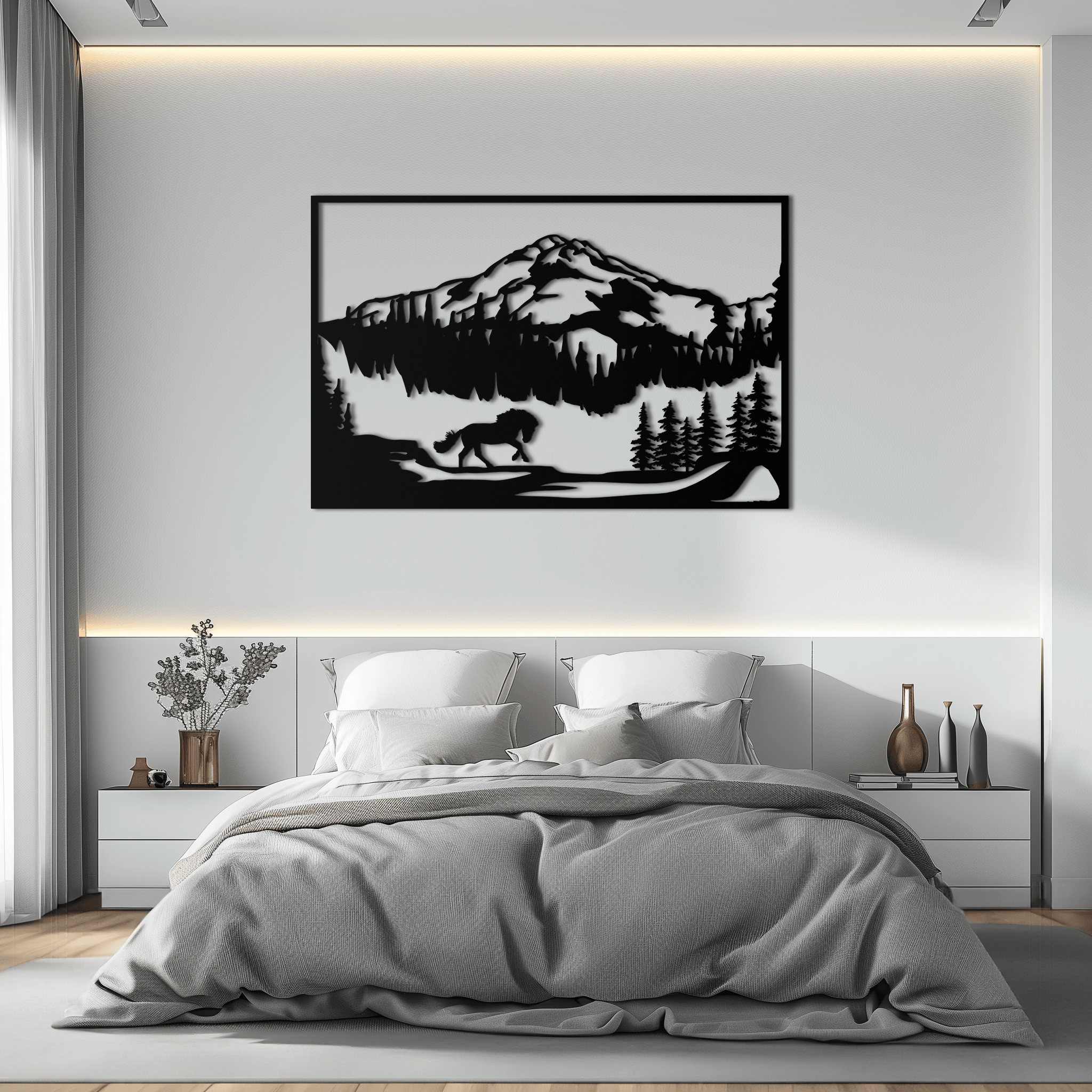 Image of Mountain Horse Metal Wall Art - Steel Wall Decor for Home and Cabin - KAF019