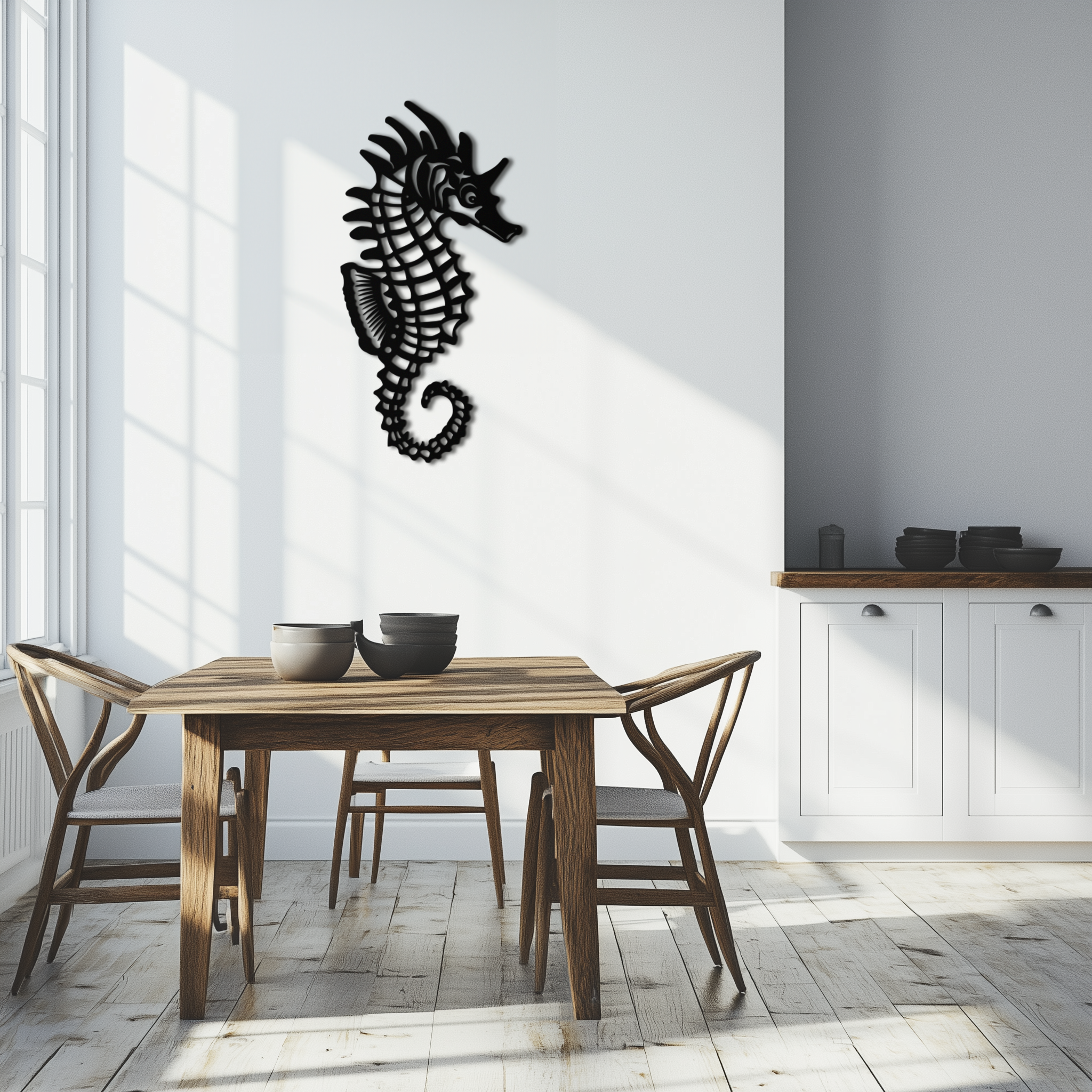 Image of Elegant Seahorse Metal Wall Art - Ocean-Inspired Minimalist Decor - KAF057