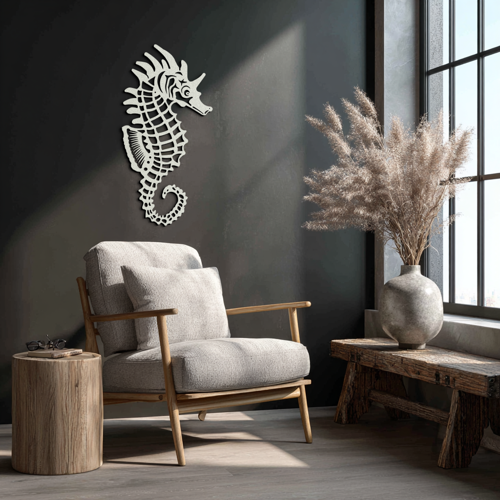 Image of Elegant Seahorse Metal Wall Art - Ocean-Inspired Minimalist Decor - KAF057