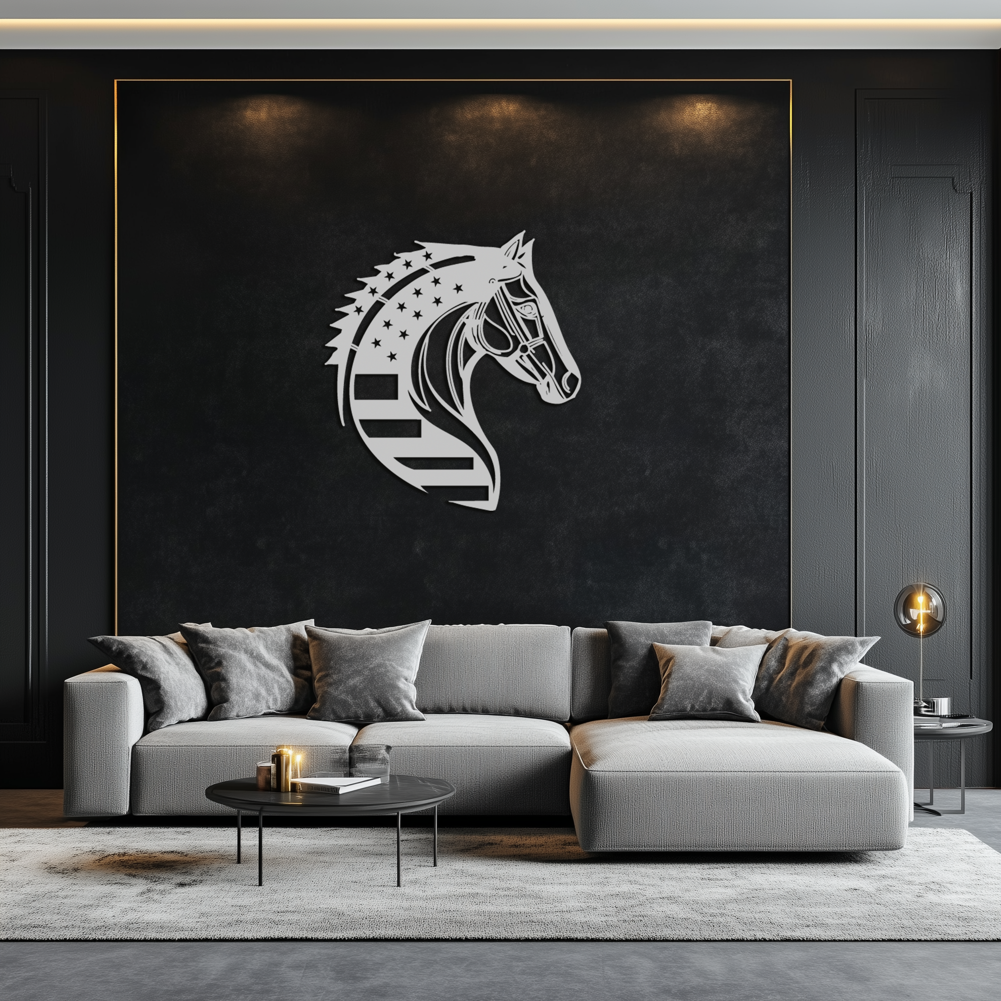 Image of American Flag Horse Head Metal Wall Art – Patriotic Black Steel Equine Decor for Home, Barn and Ranch Interiors- KAF445
