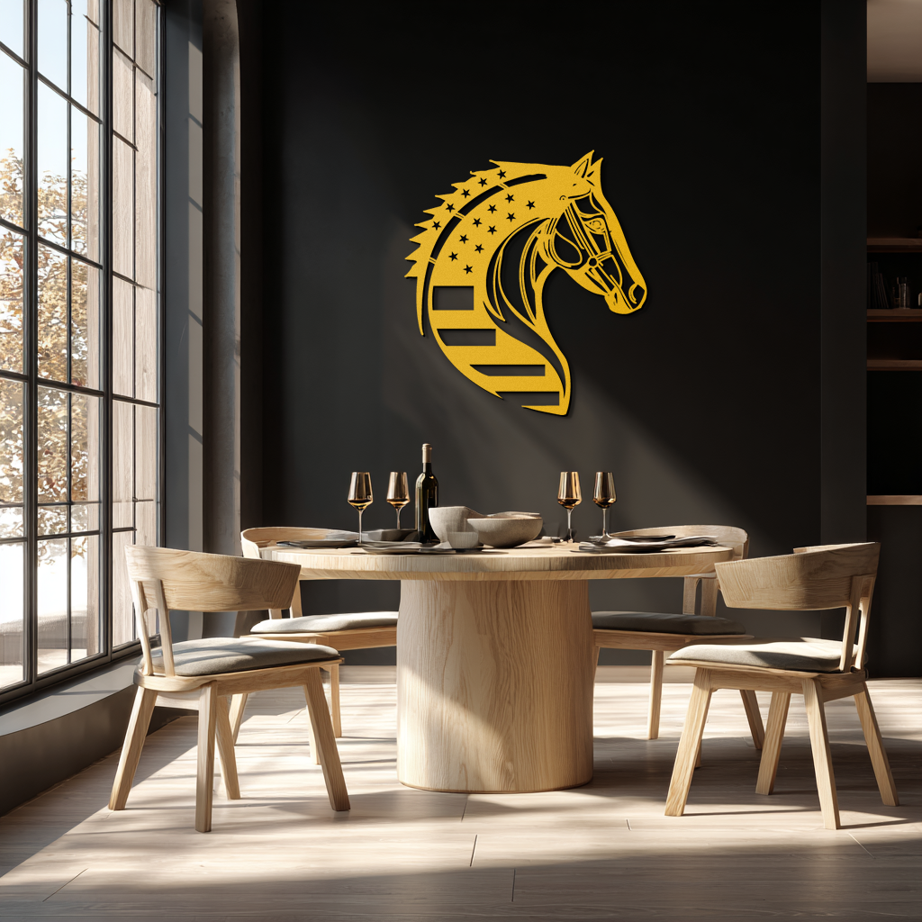 Image of American Flag Horse Head Metal Wall Art – Patriotic Black Steel Equine Decor for Home, Barn and Ranch Interiors- KAF445