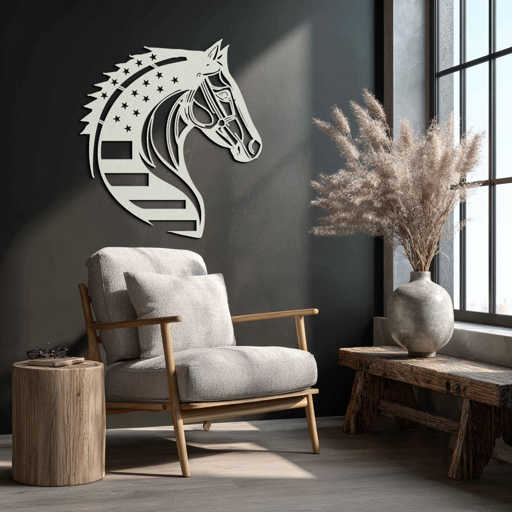 Image of American Flag Horse Head Metal Wall Art – Patriotic Black Steel Equine Decor for Home, Barn and Ranch Interiors- KAF445