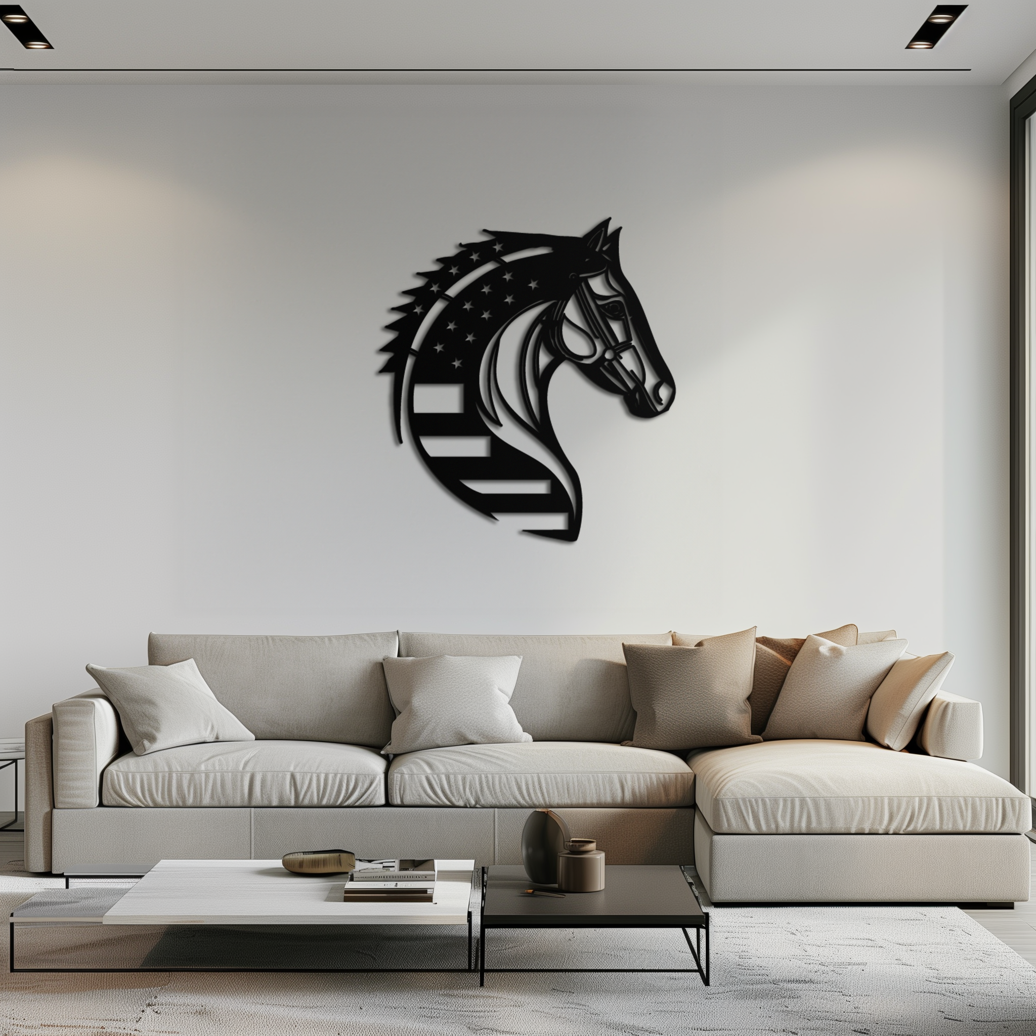 Image of American Flag Horse Head Metal Wall Art – Patriotic Black Steel Equine Decor for Home, Barn and Ranch Interiors- KAF445