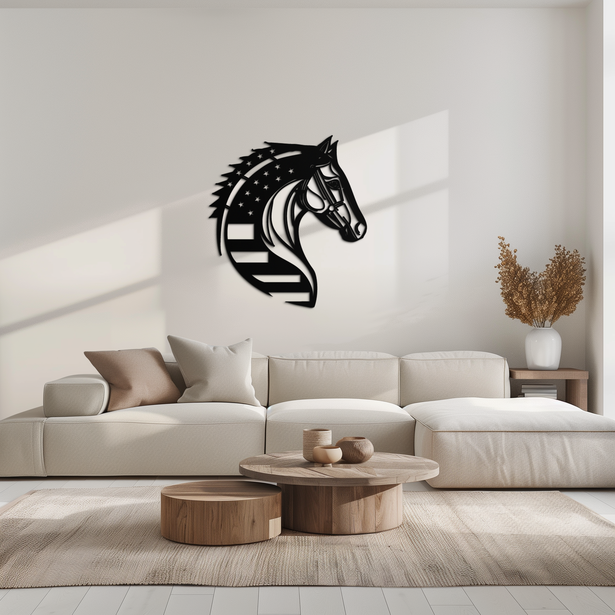 Image of American Flag Horse Head Metal Wall Art – Patriotic Black Steel Equine Decor for Home, Barn and Ranch Interiors- KAF445